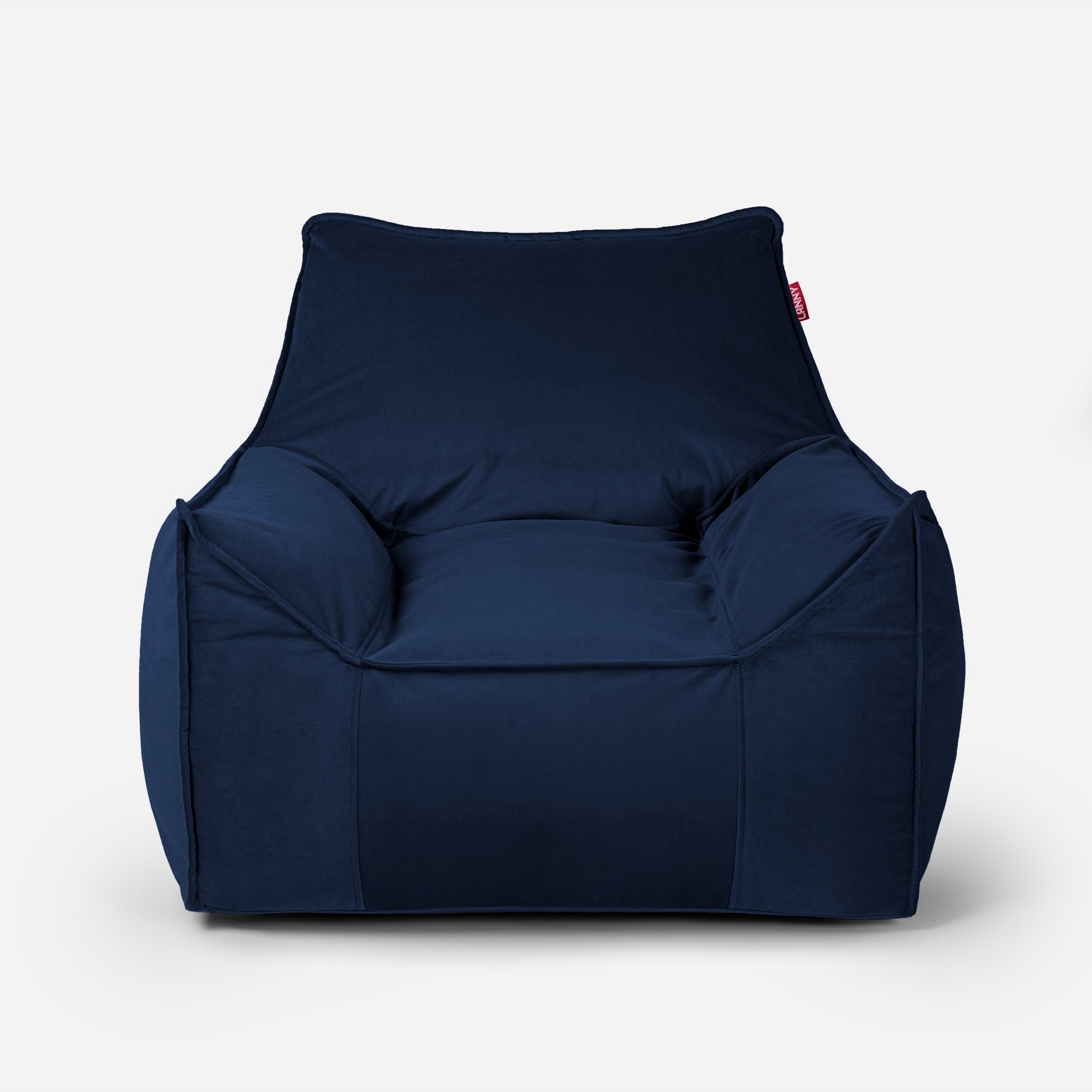 Blue Lanny Uno structured velvet bean bag chair front view for neutral interiors.