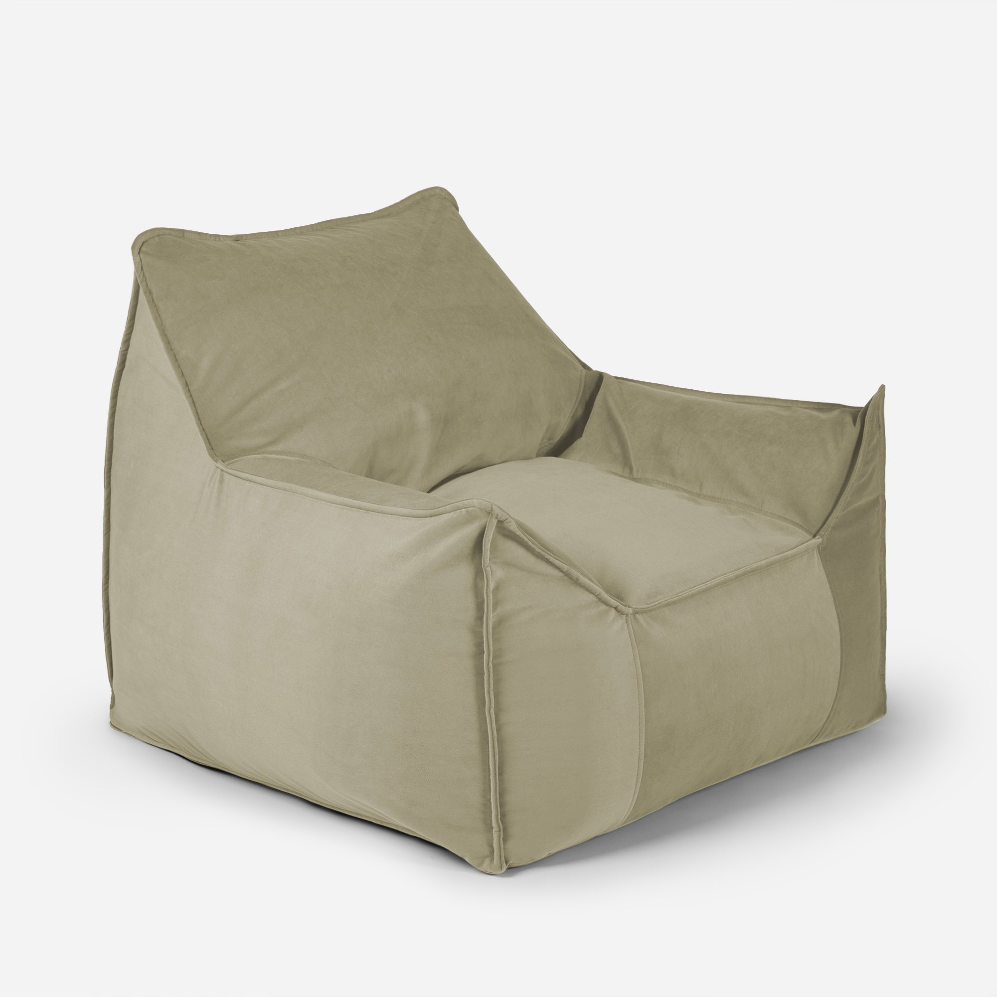Light-toned Khaki Lanny Uno luxury structured bean bag chair angled view.