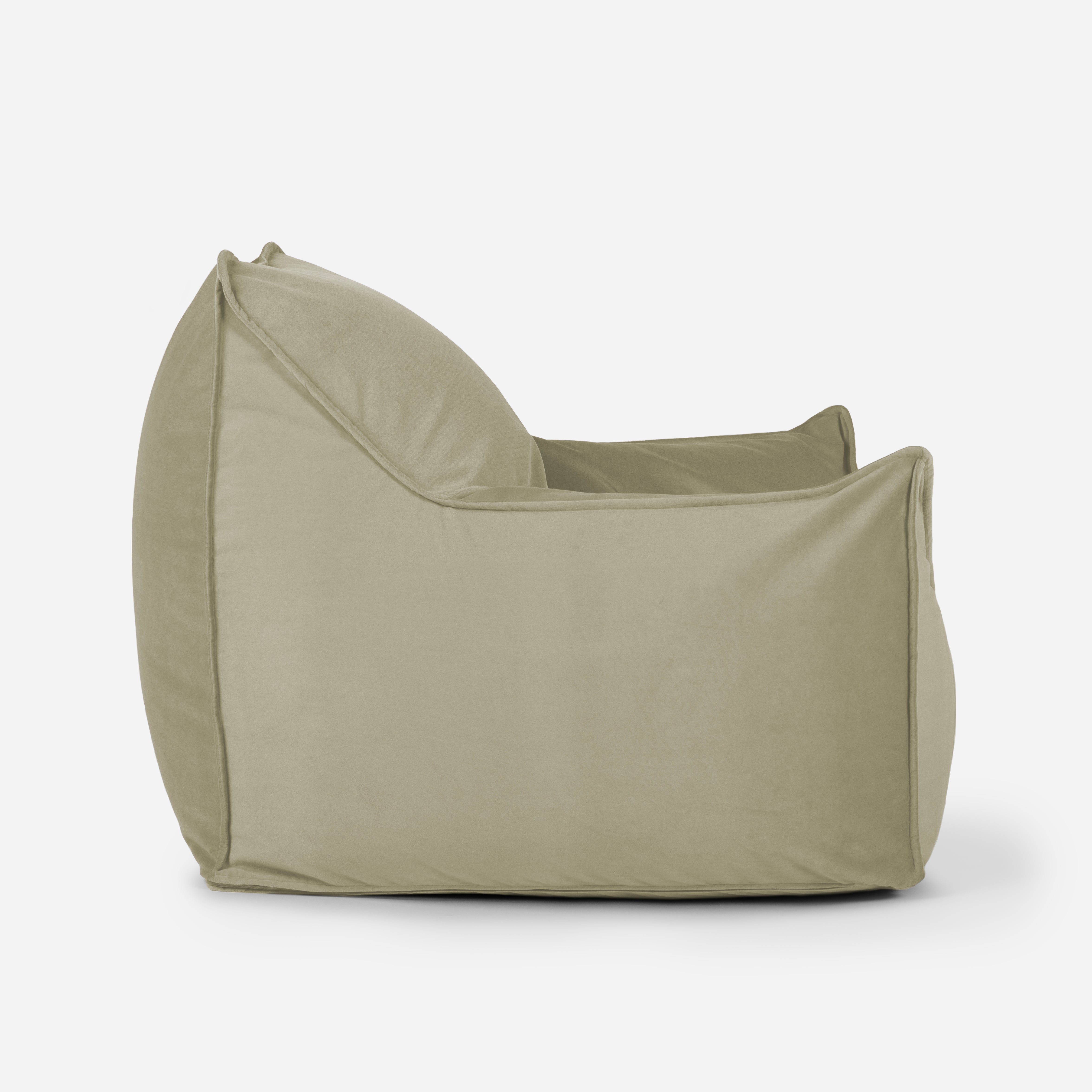 Khaki velvet Lanny Uno structured bean bag showing ergonomic side profile and support.
