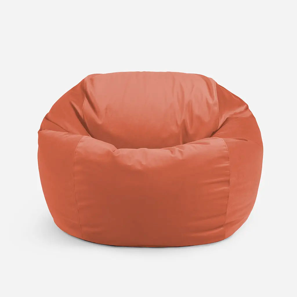 Lanny Sphere amber orange oversized bean bag chair, full front view, highlighting the structured, high back design for superior comfort