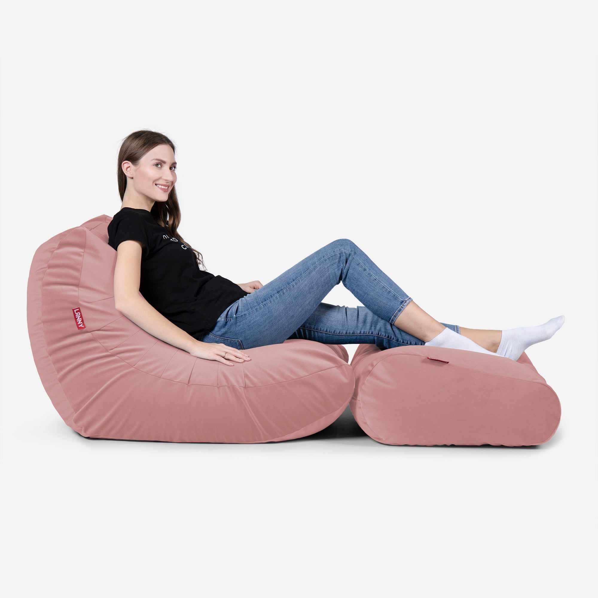 Curvy Velvet Pink Bean bag Chair & Footrest Set