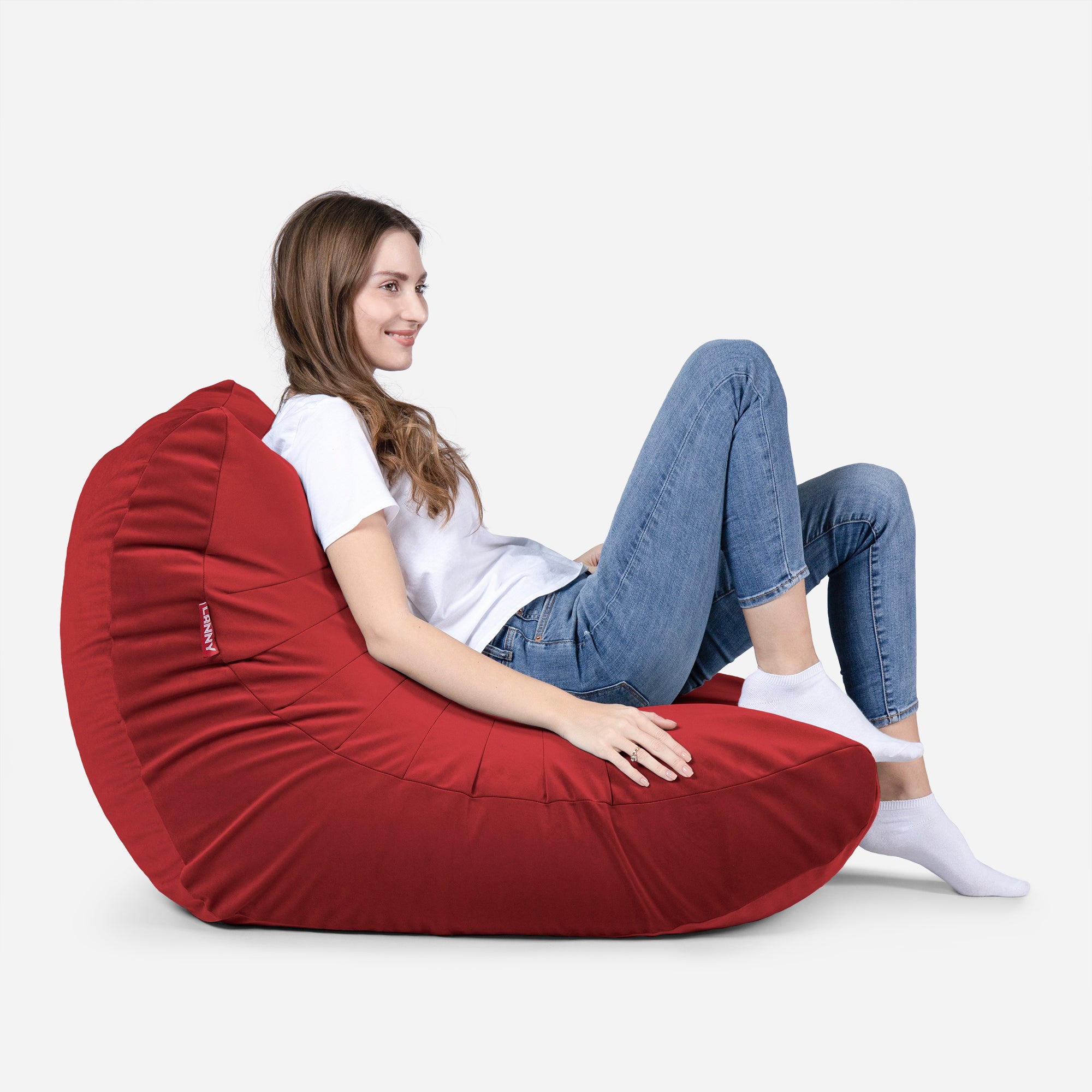 Curvy Velvet Red Bean bag Chair & Footrest Set