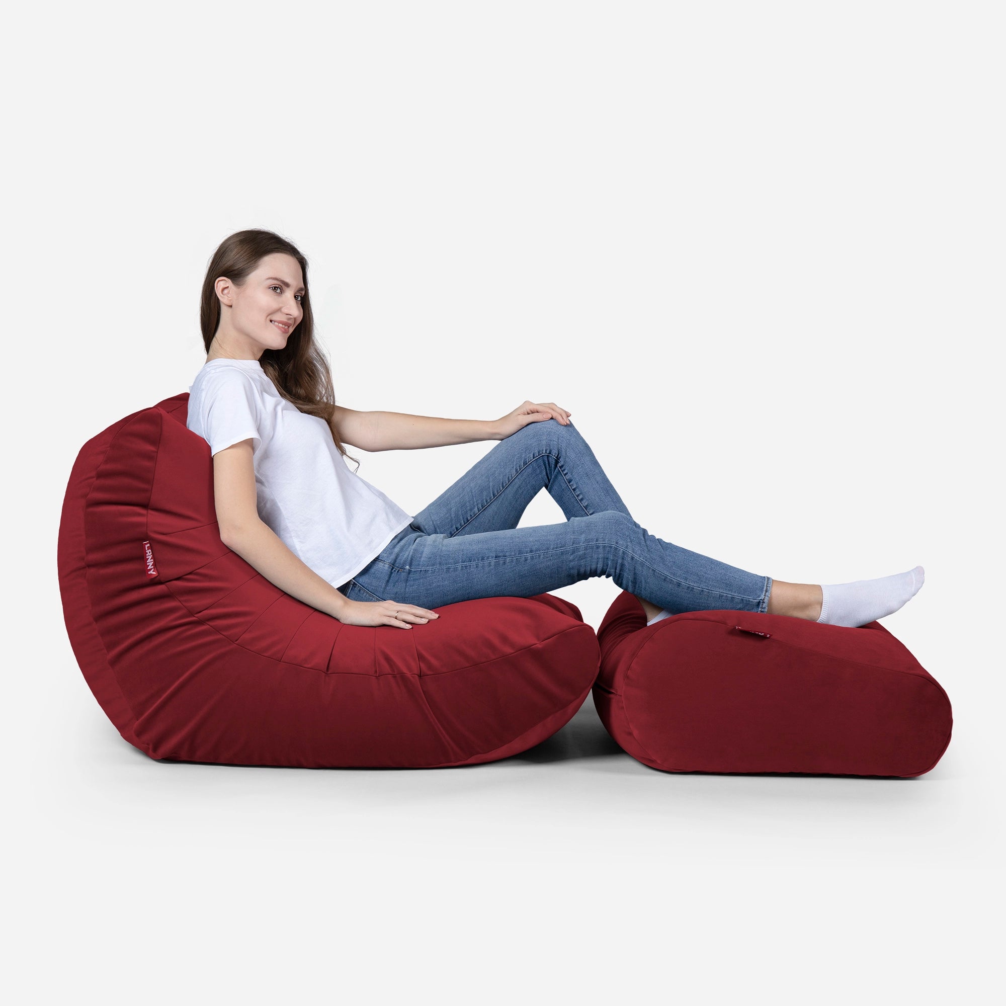 Curvy Velvet Red Bean bag Chair & Footrest Set