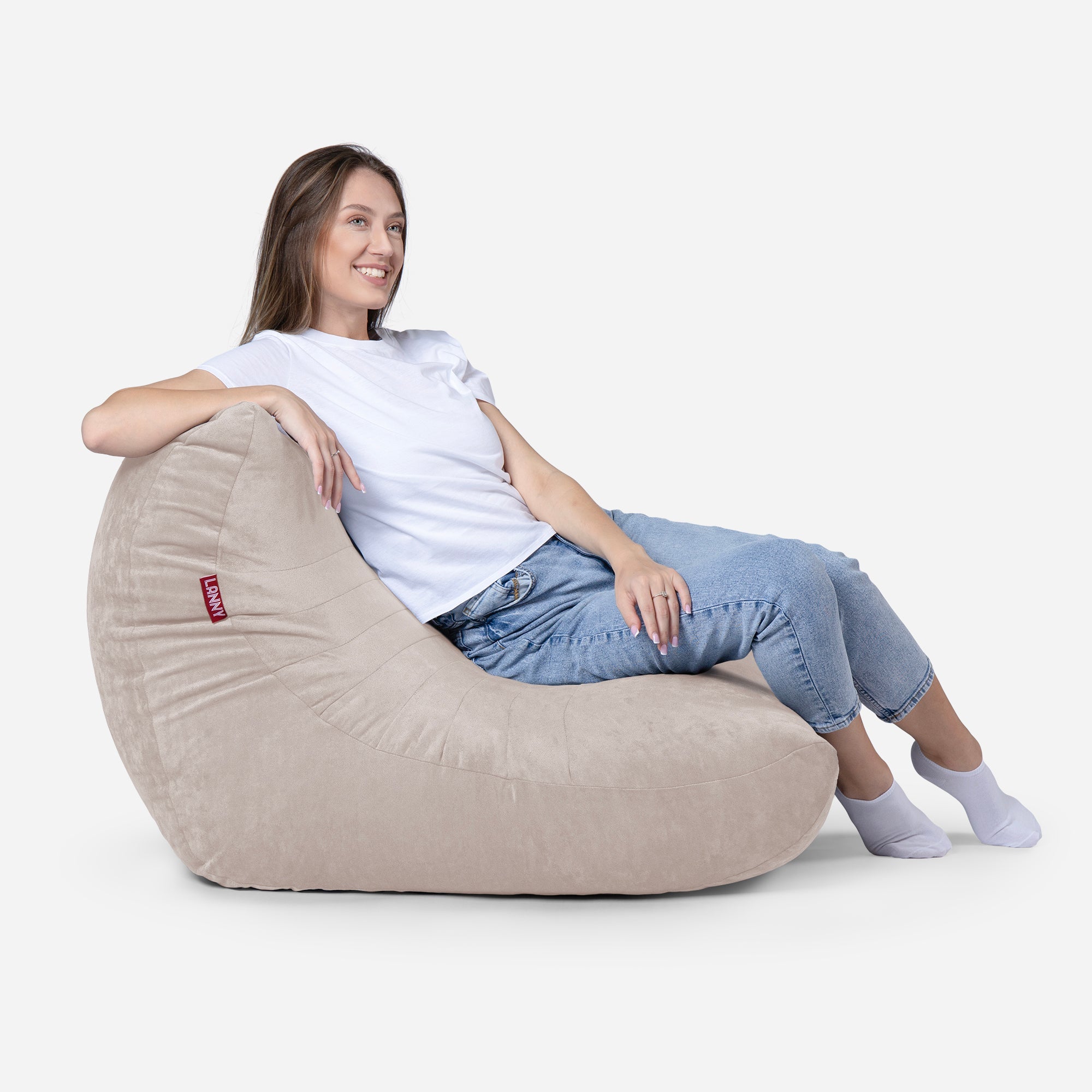 Curvy Aldo Beige Bean Bag Chair & Footrest Set - Lanny Beanbag - Bean Bag Chairs