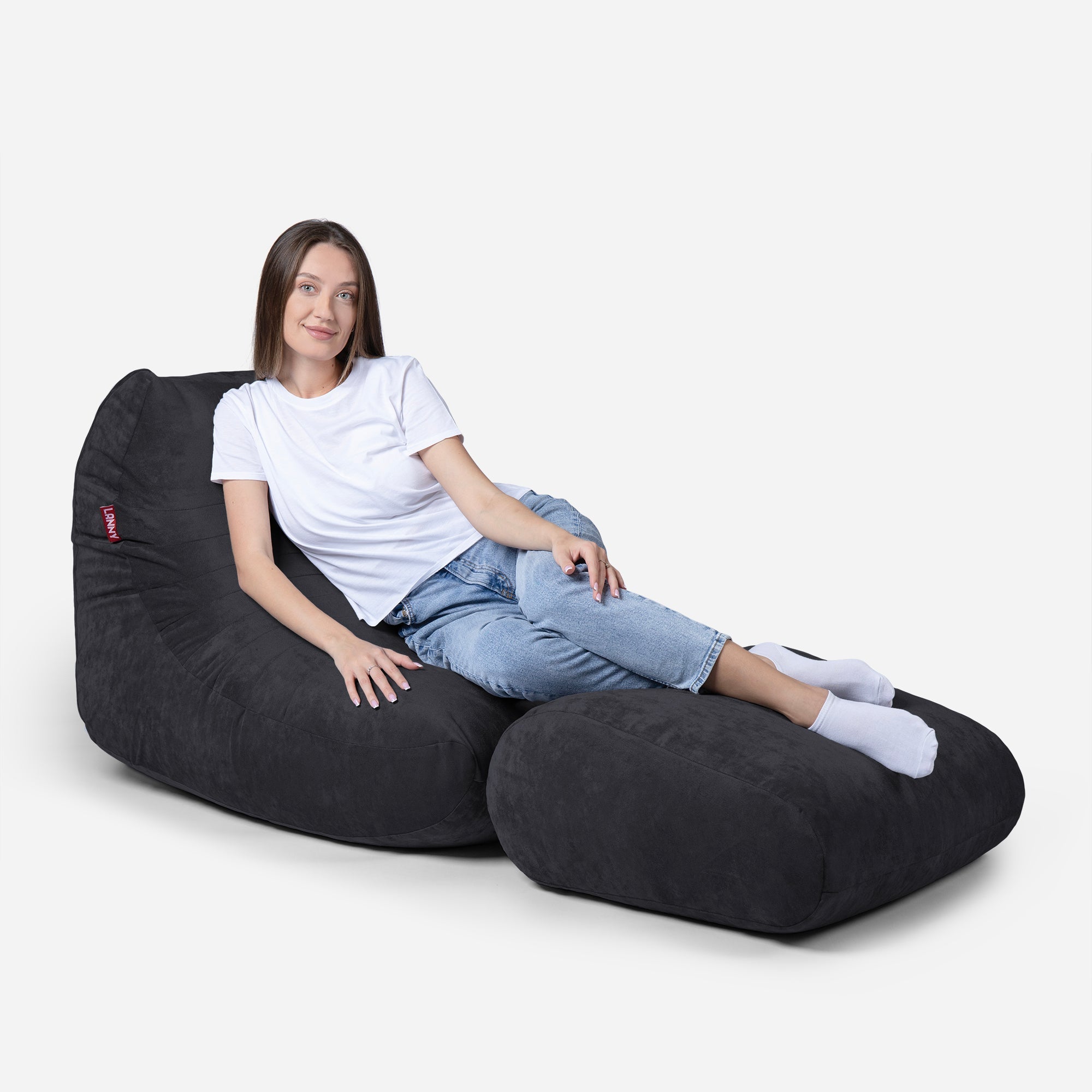 Curvy Aldo Black Bean Bag Chair & Footrest Set - Lanny Beanbag - Bean Bag Chairs