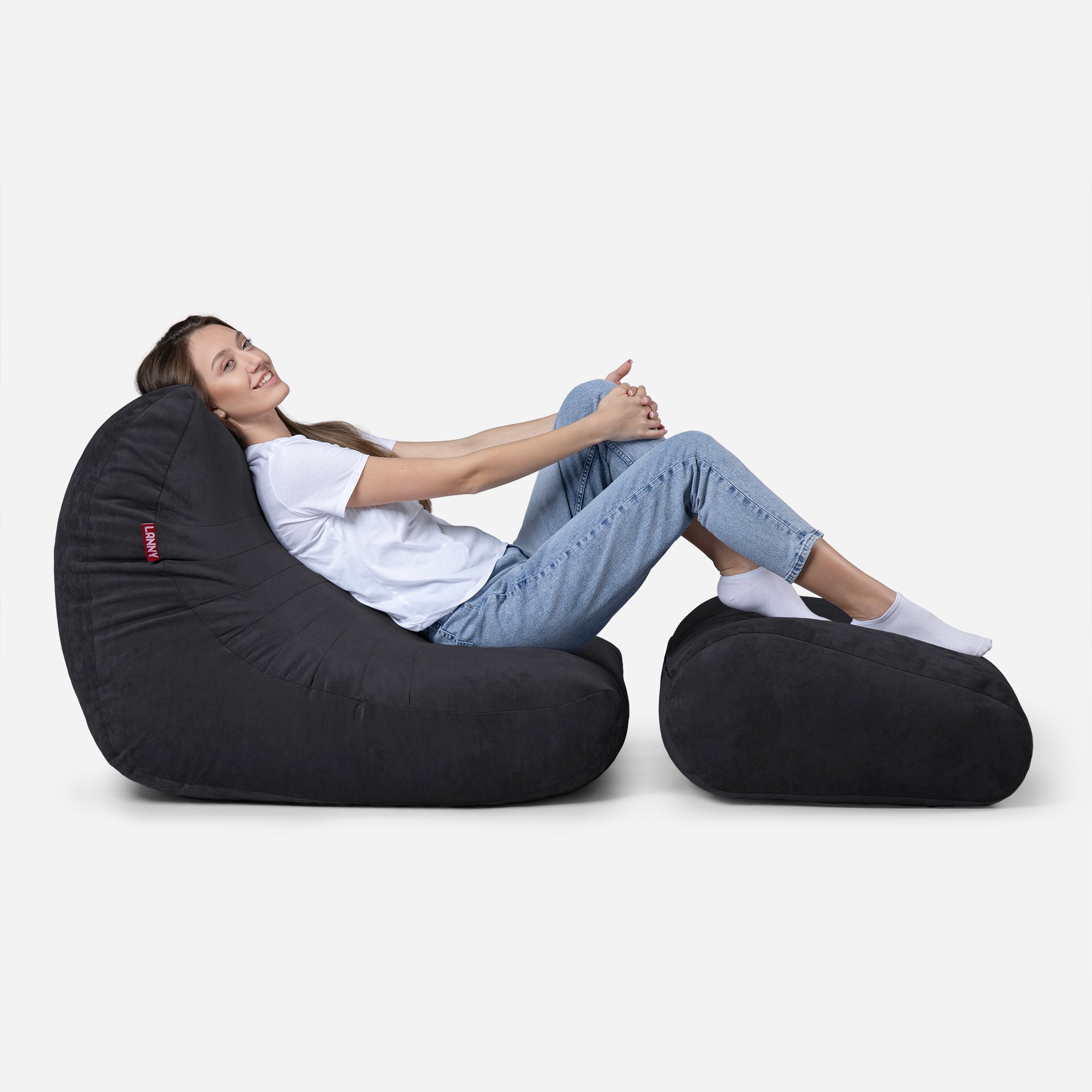 Curvy Aldo Black Bean Bag Chair & Footrest Set - Lanny Beanbag - Bean Bag Chairs