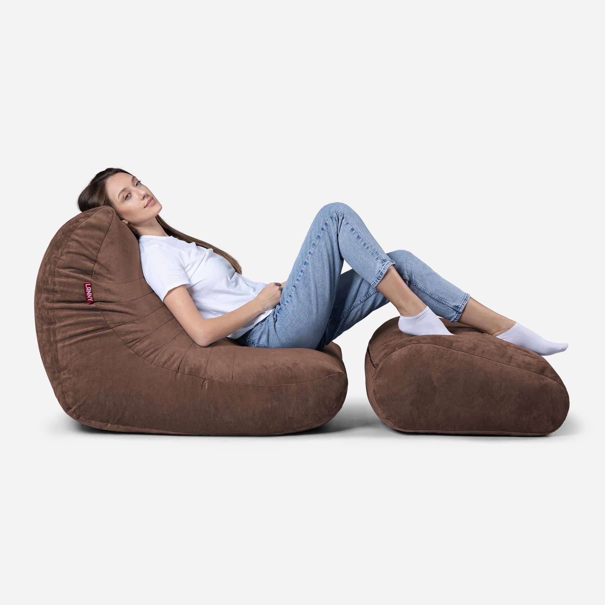 Curvy Aldo Brown Bean Bag Chair & Footrest Set - Lanny Beanbag - Bean Bag Chairs