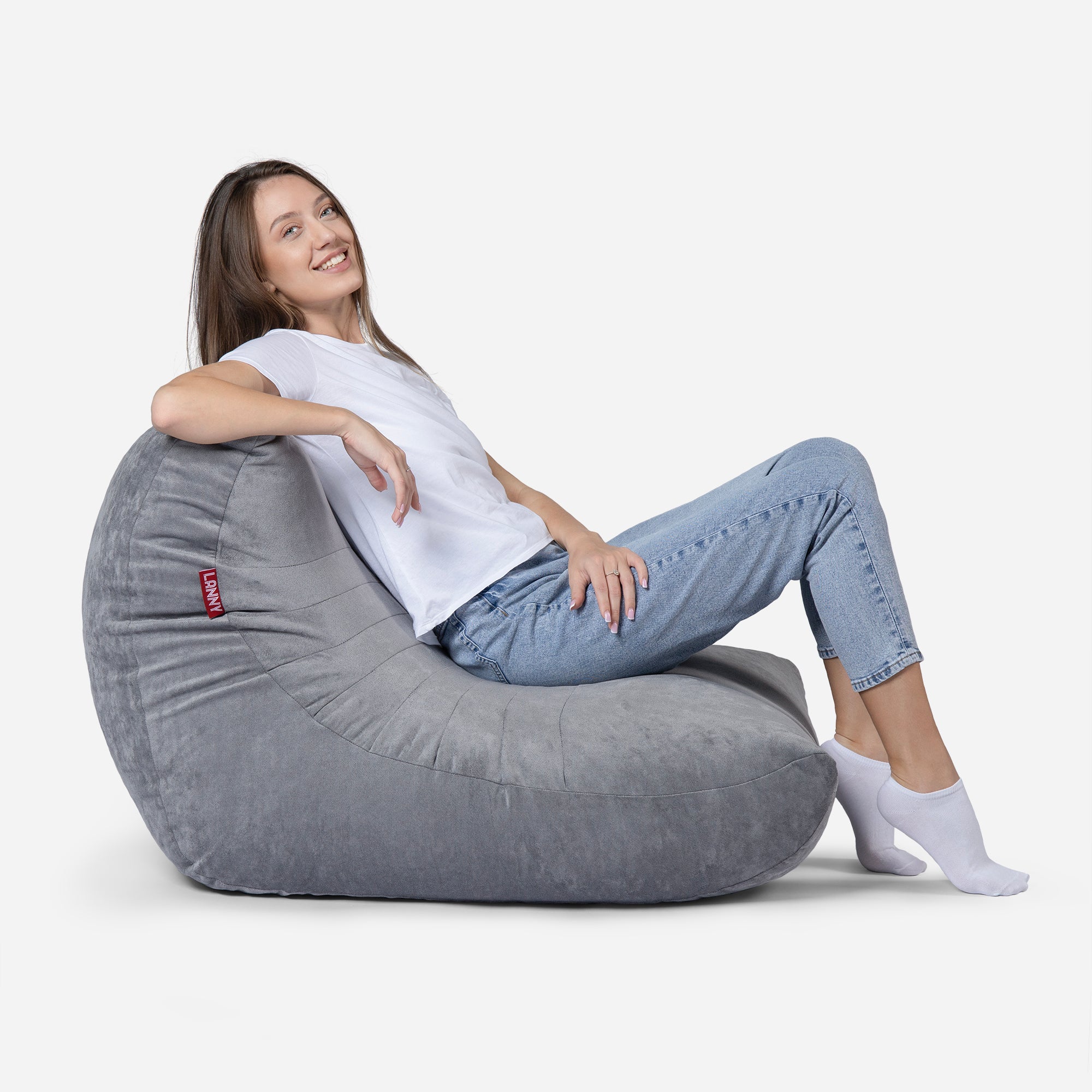 Curvy Aldo Gray Bean Bag Chair & Footrest Set - Lanny Beanbag - Bean Bag Chairs