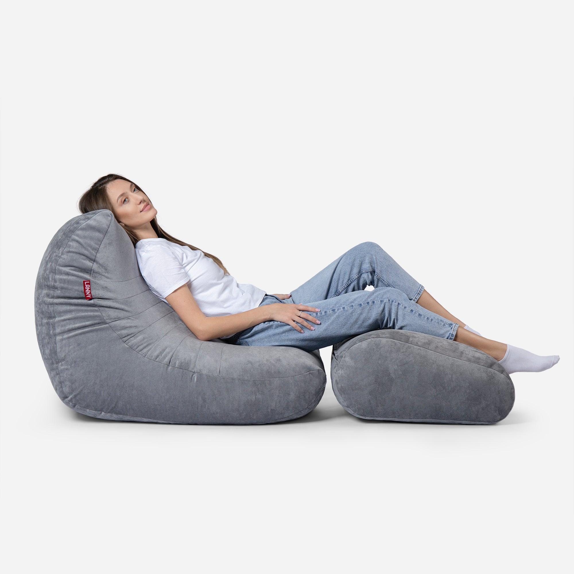 Curvy Aldo Gray Bean Bag Chair & Footrest Set - Lanny Beanbag - Bean Bag Chairs
