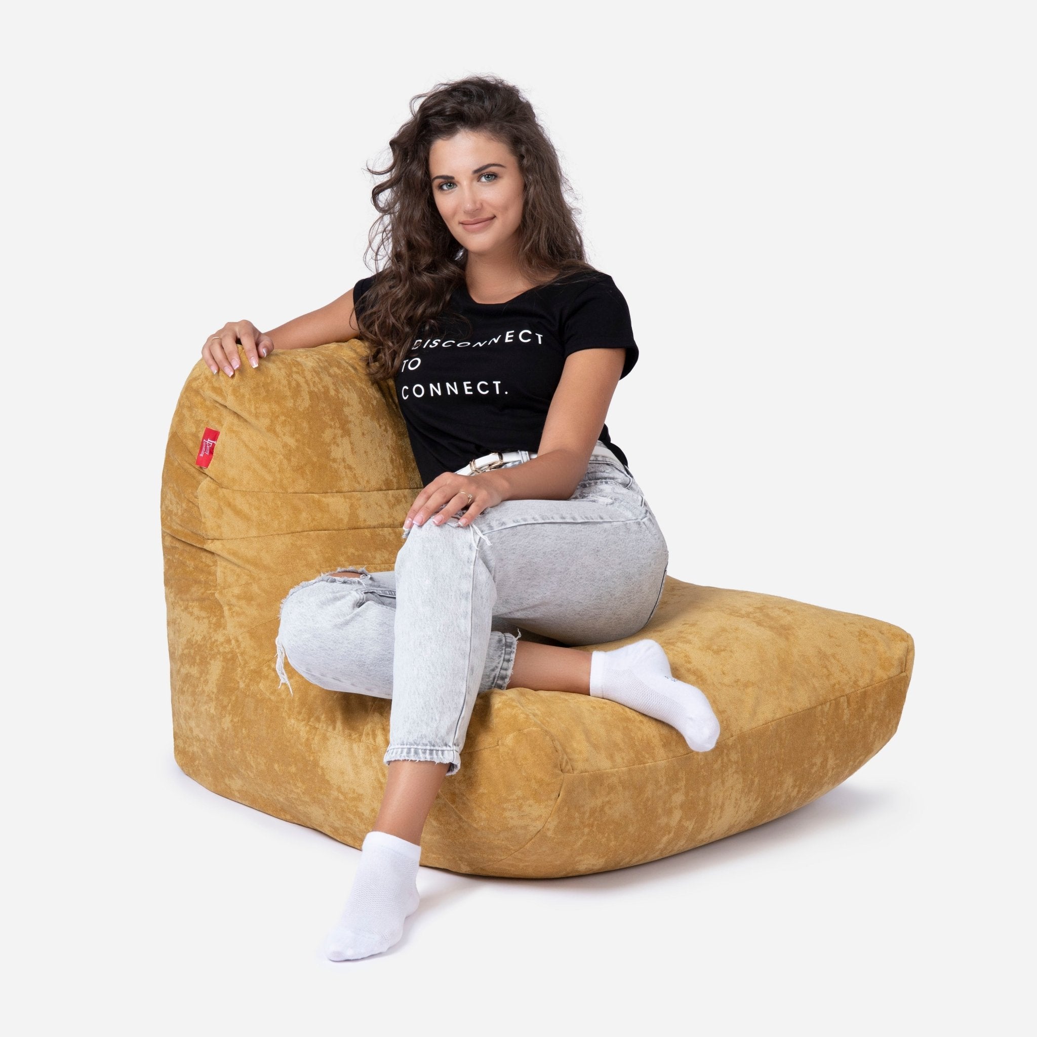 Curvy Aldo Mustard Bean Bag Chair & Footrest Set - Lanny Beanbag - Bean Bag Chairs