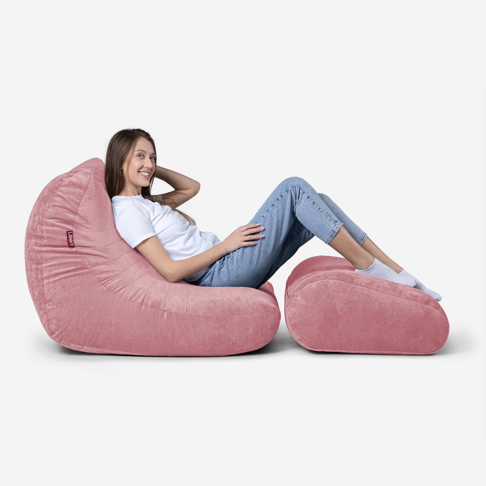 Curvy Aldo Pink Bean Bag Chair & Footrest Set - Lanny Beanbag - Bean Bag Chairs
