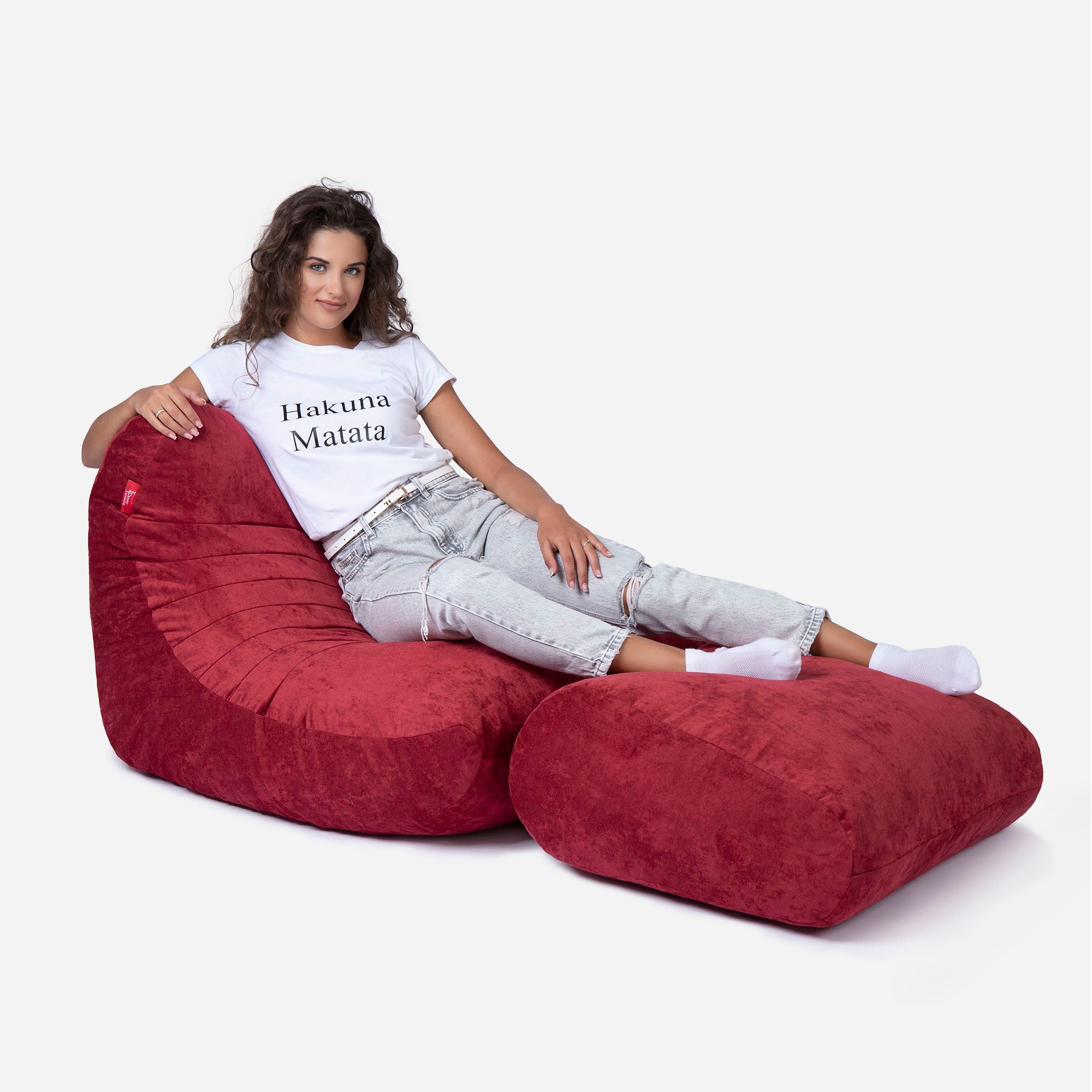 Curvy Aldo Red Bean Bag Chair & Footrest Set - Lanny Beanbag - Bean Bag Chairs
