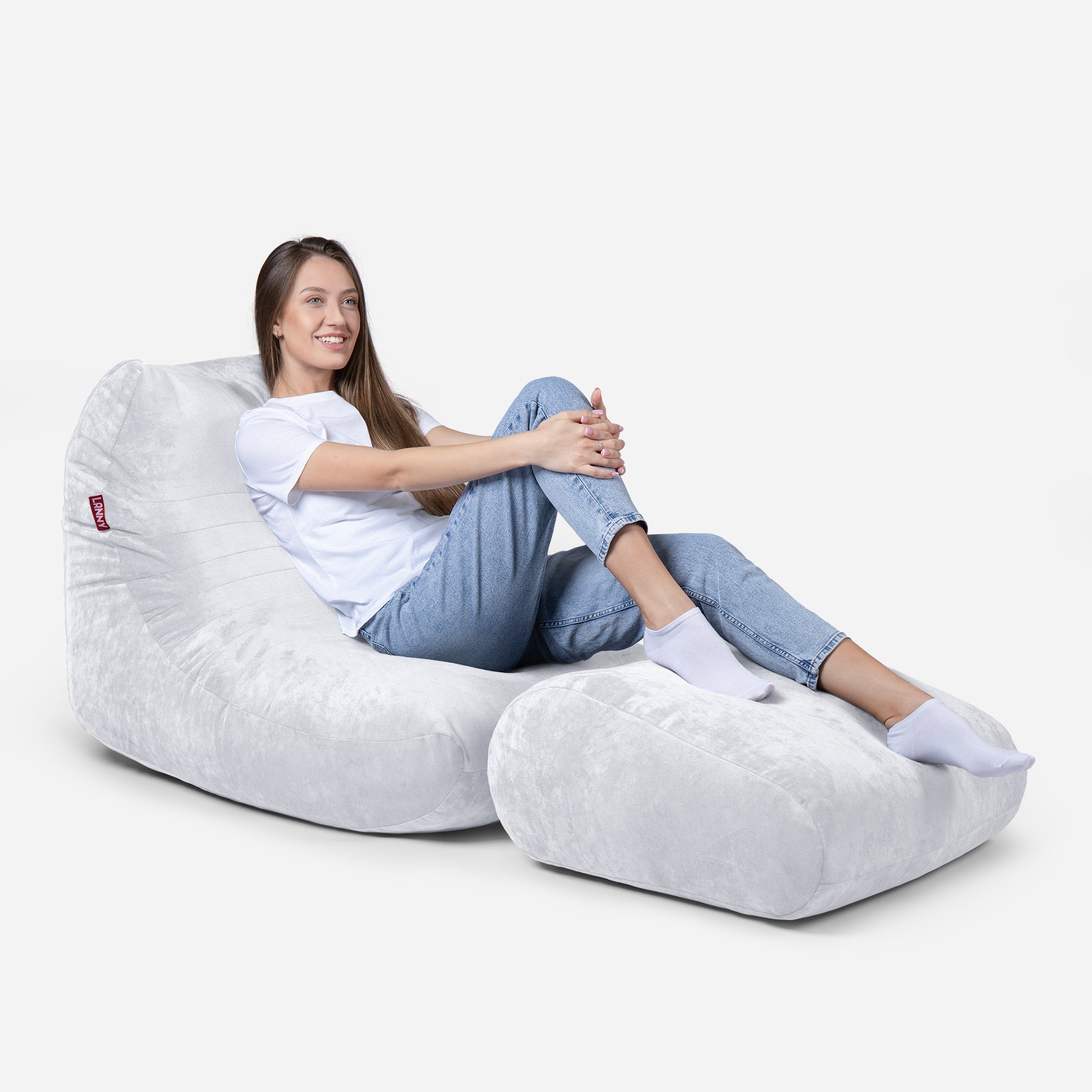 Curvy Aldo White Bean Bag Chair & Footrest Set - Lanny Beanbag - Bean Bag Chairs