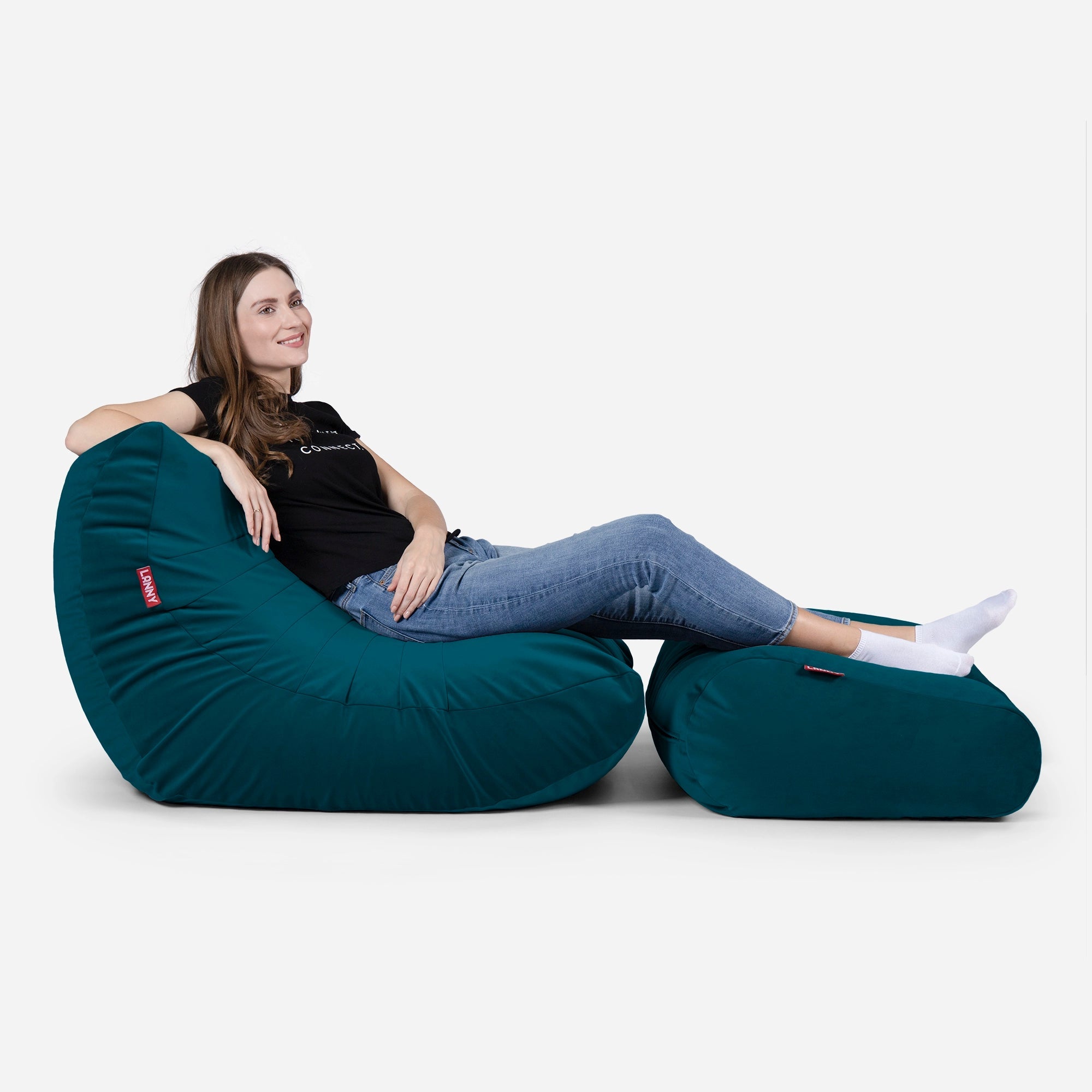 Curvy Velvet Aqua Bean bag Chair & Footrest Set - Lanny Beanbag - Bean Bag Chairs