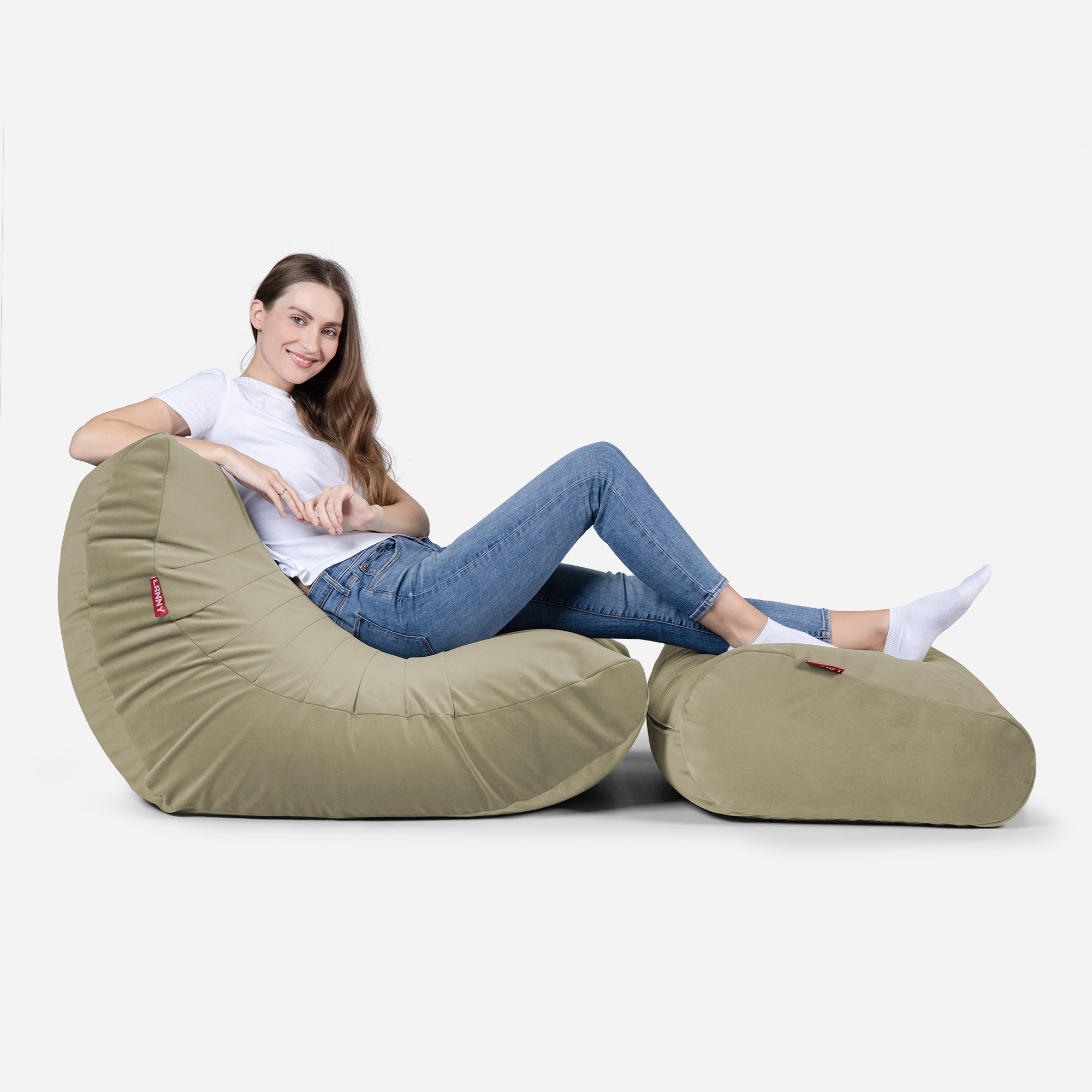 Curvy Velvet Khaki Bean bag Chair & Footrest Set - Lanny Beanbag - Bean Bag Chairs