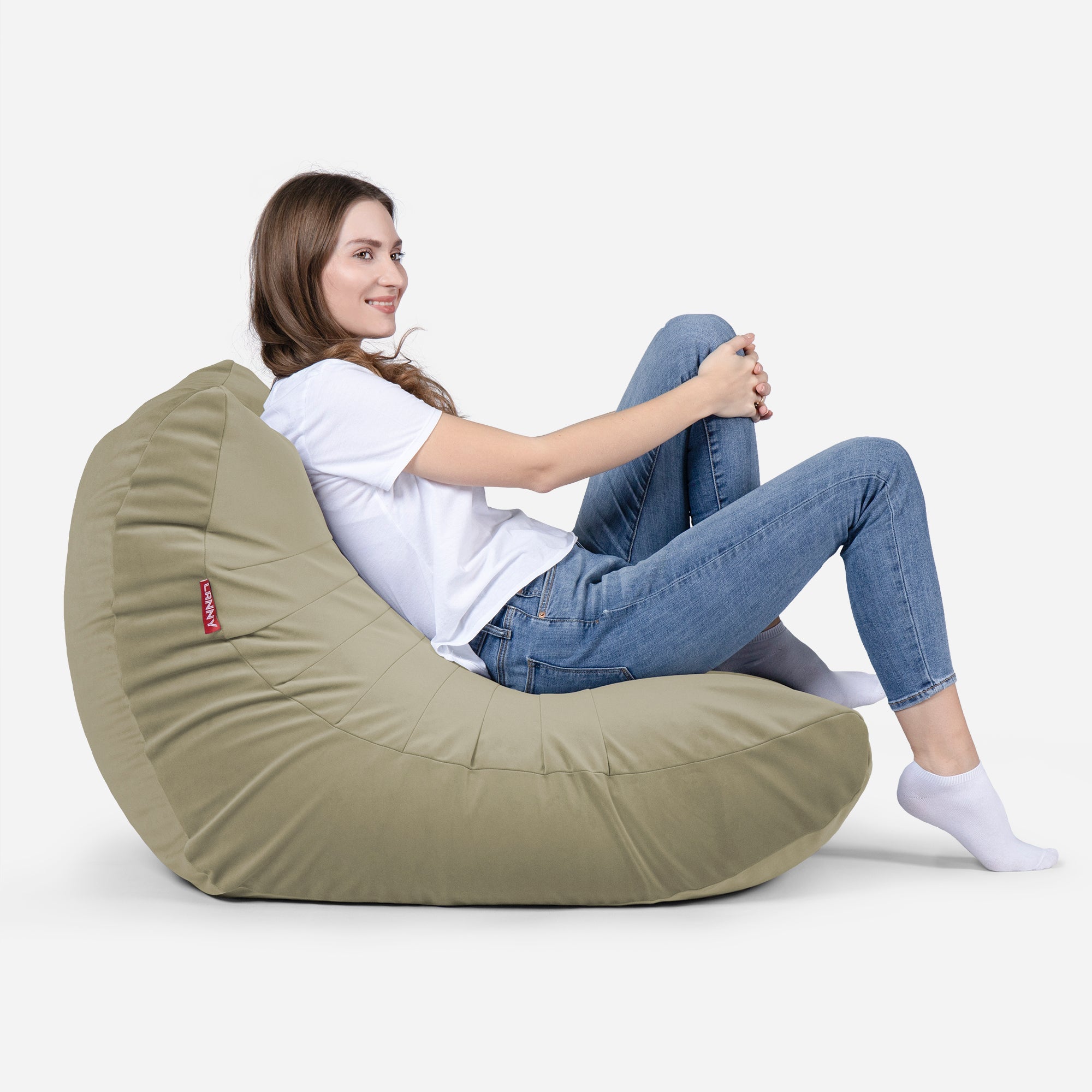 Curvy Velvet Khaki Bean bag Chair & Footrest Set - Lanny Beanbag - Bean Bag Chairs