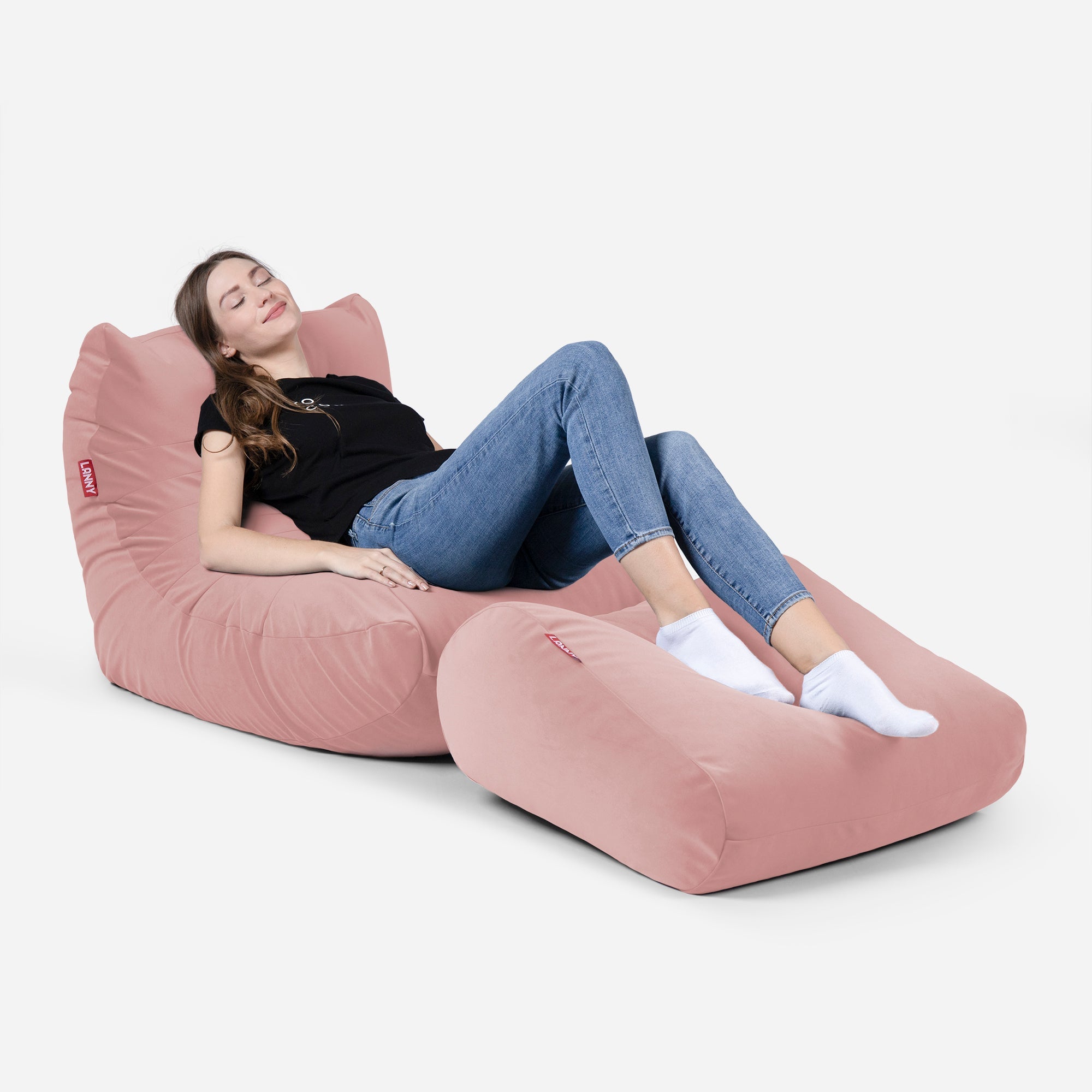 Curvy Velvet Pink Bean bag Chair & Footrest Set - Lanny Beanbag - Bean Bag Chairs