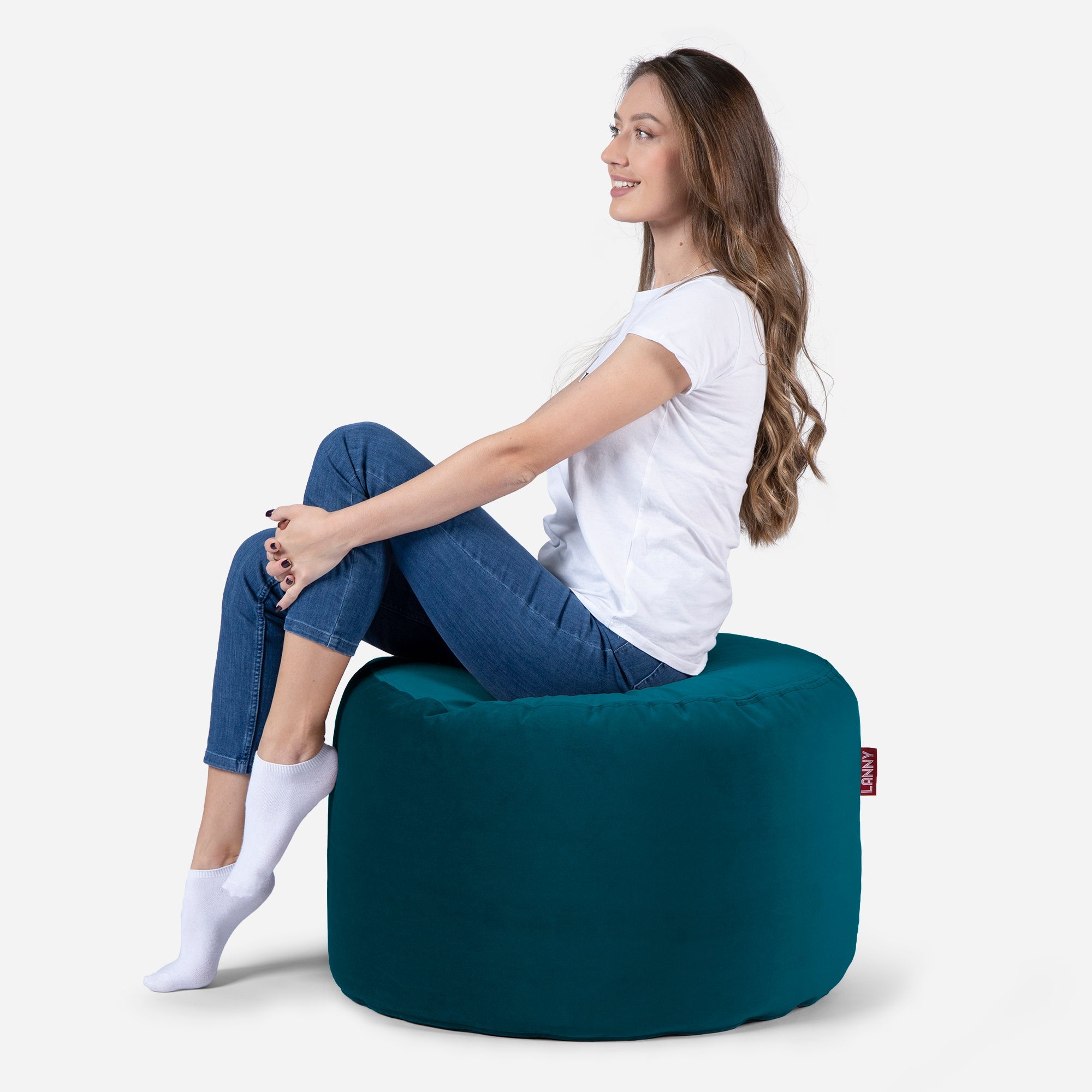 Medium Velvet Aqua Pouf - Lanny Beanbag - Ottomans