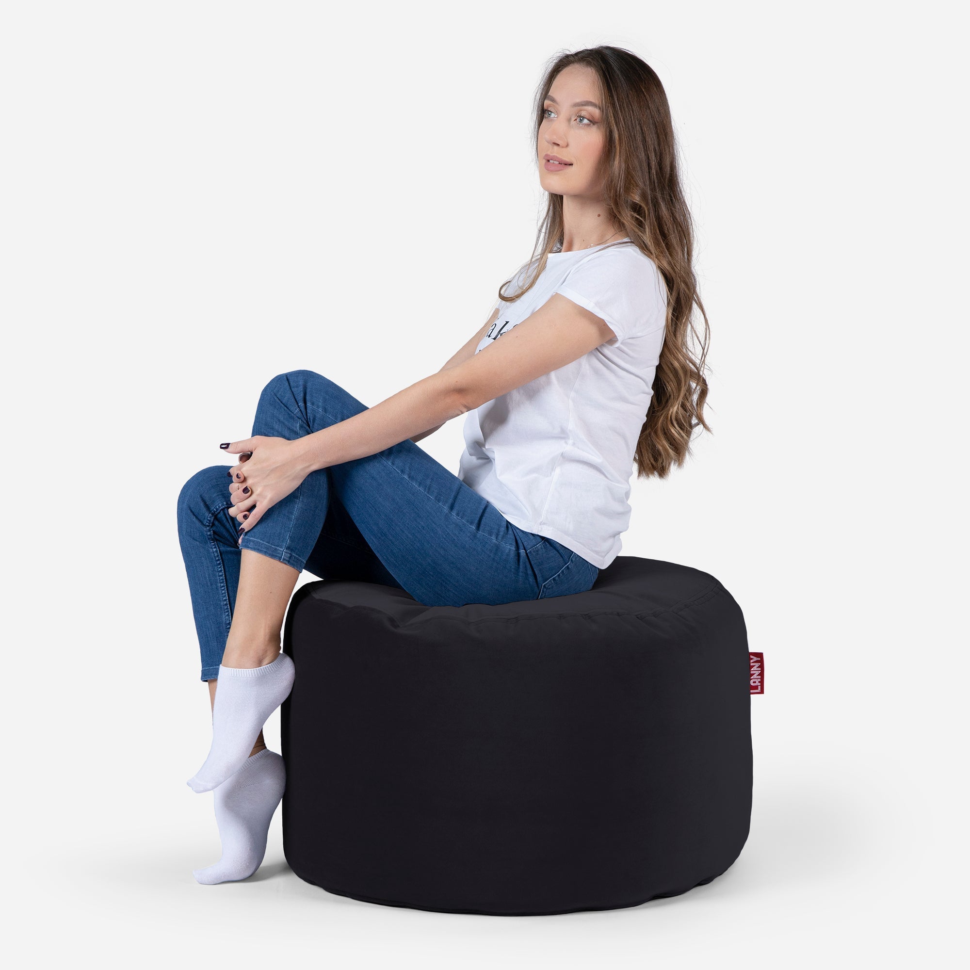 Medium Velvet Black Pouf - Lanny Beanbag - Ottomans