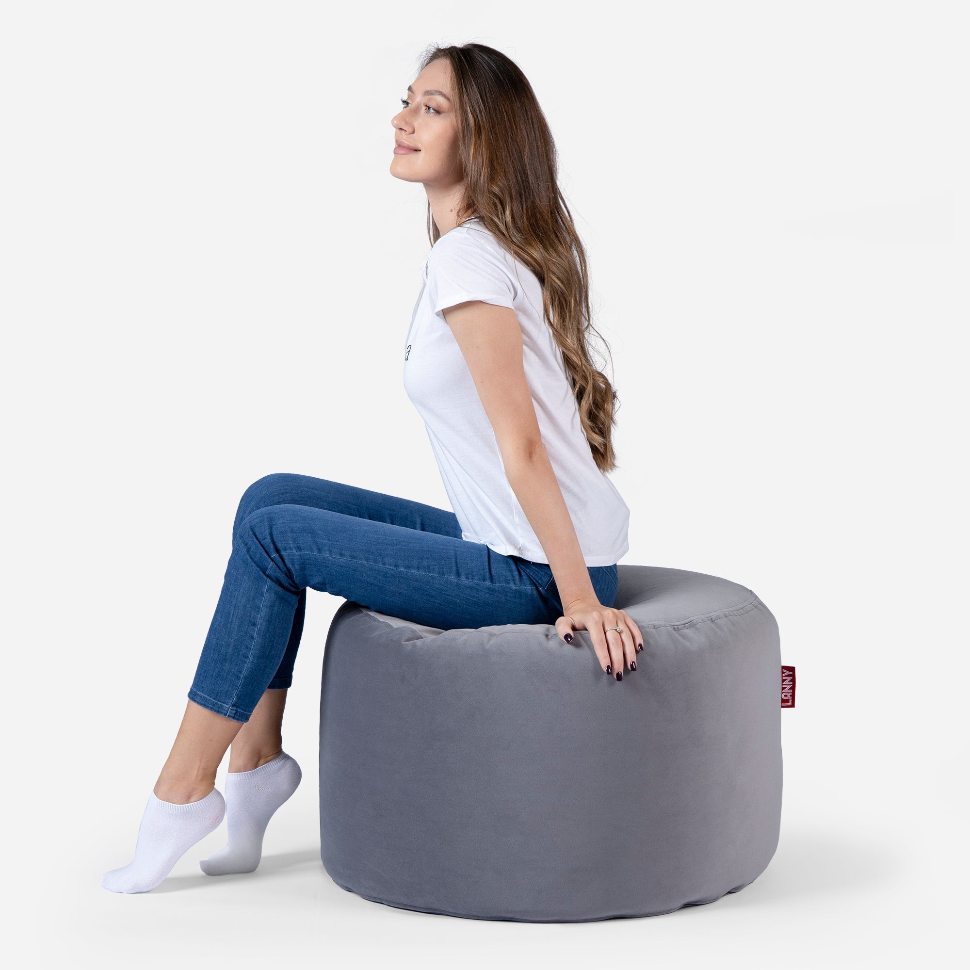 Medium Velvet Gray Pouf - Lanny Beanbag - Ottomans