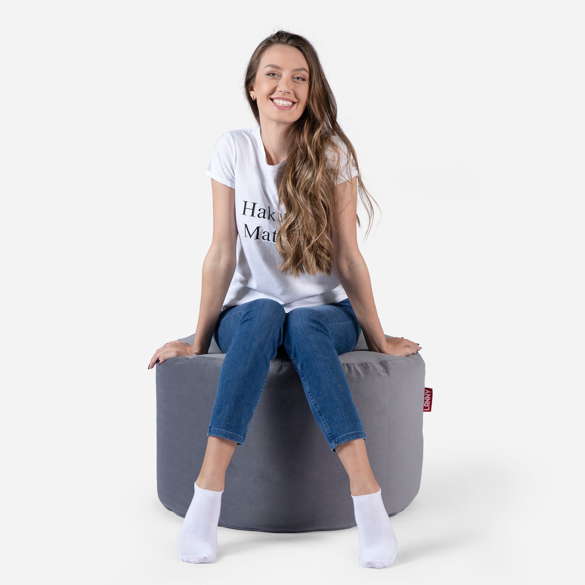 Medium Velvet Gray Pouf - Lanny Beanbag - Ottomans