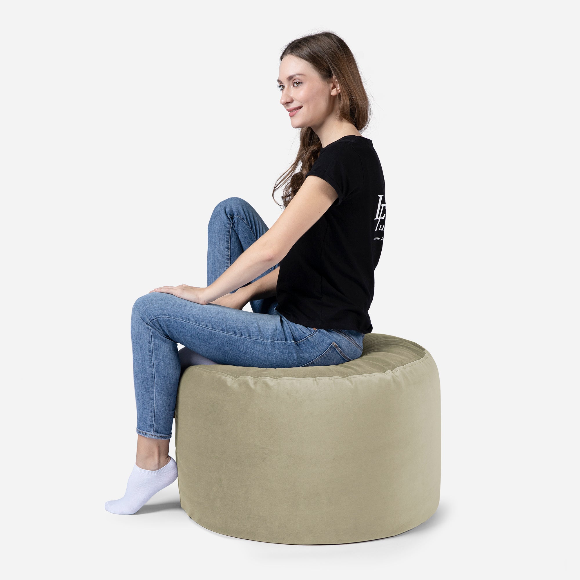 Medium Velvet Khaki Pouf - Lanny Beanbag - Ottomans