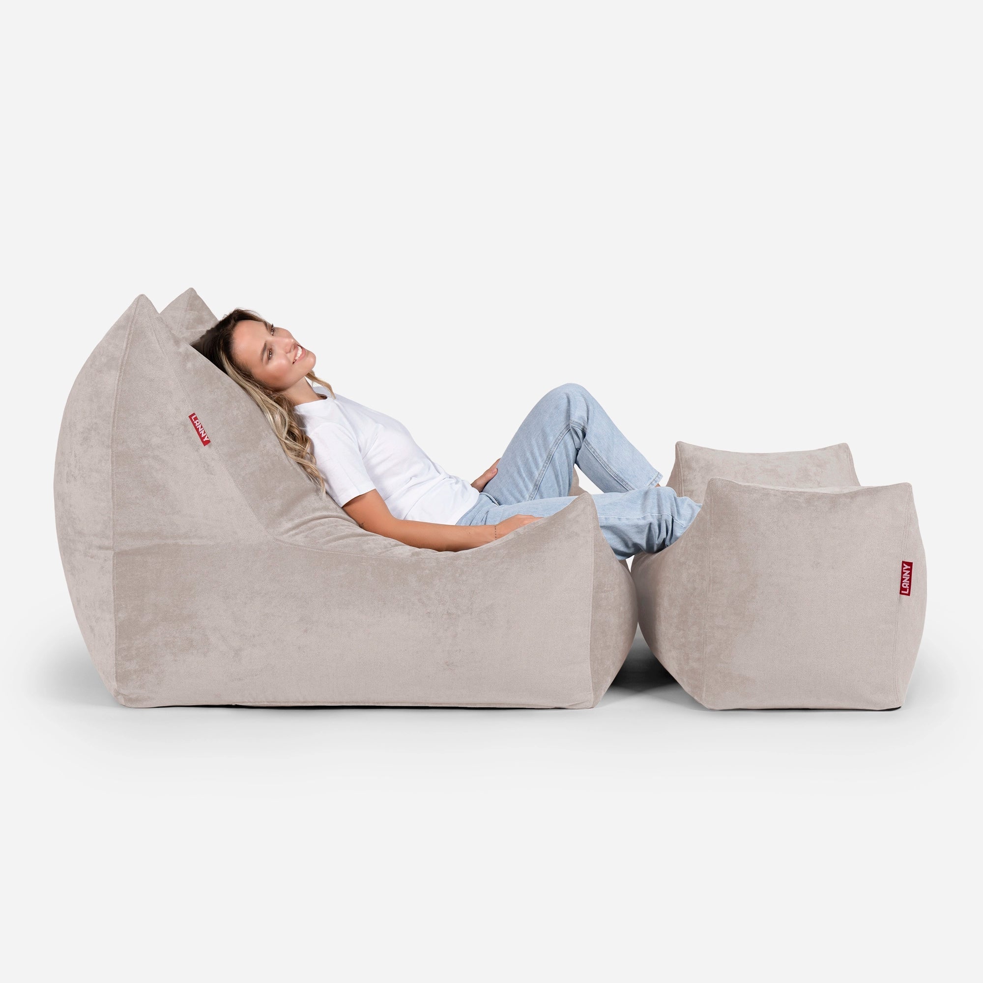 Quadro Aldo Beige Bean bag Chair & Footrest Set - Lanny Beanbag - Bean Bag Chairs