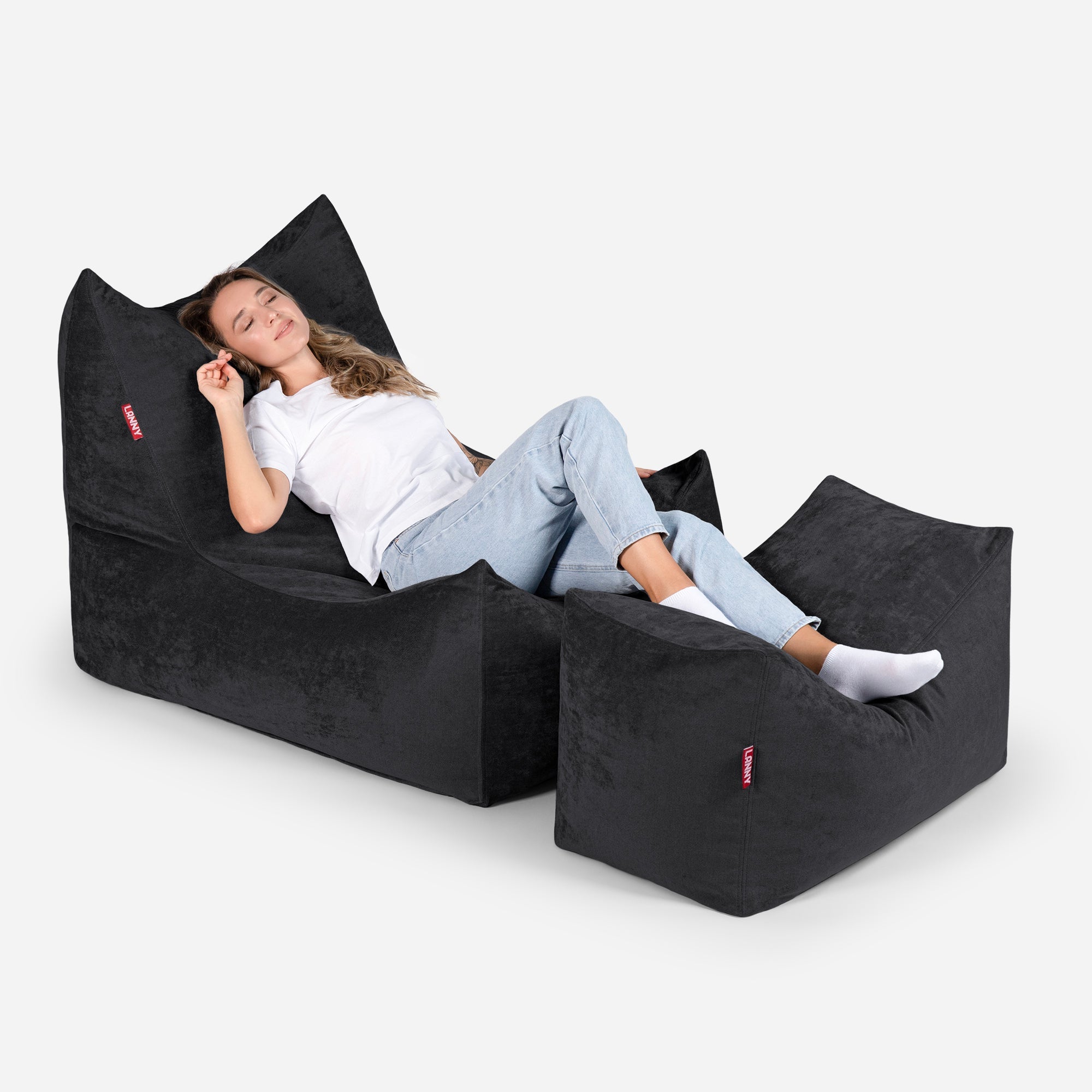 Quadro Aldo Black Bean bag Chair & Footrest Set - Lanny Beanbag - Bean Bag Chairs
