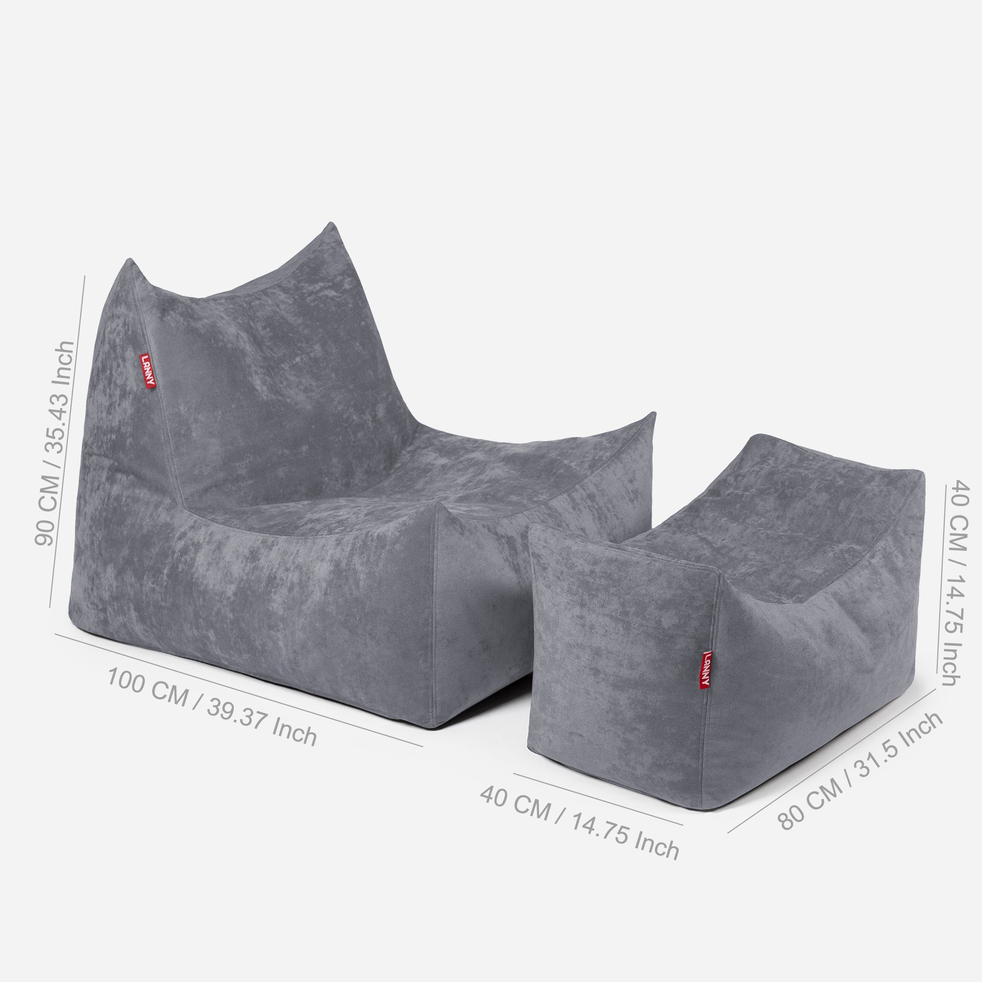 Quadro Aldo Gray Bean bag Chair & Footrest Set - Lanny Beanbag - Bean Bag Chairs