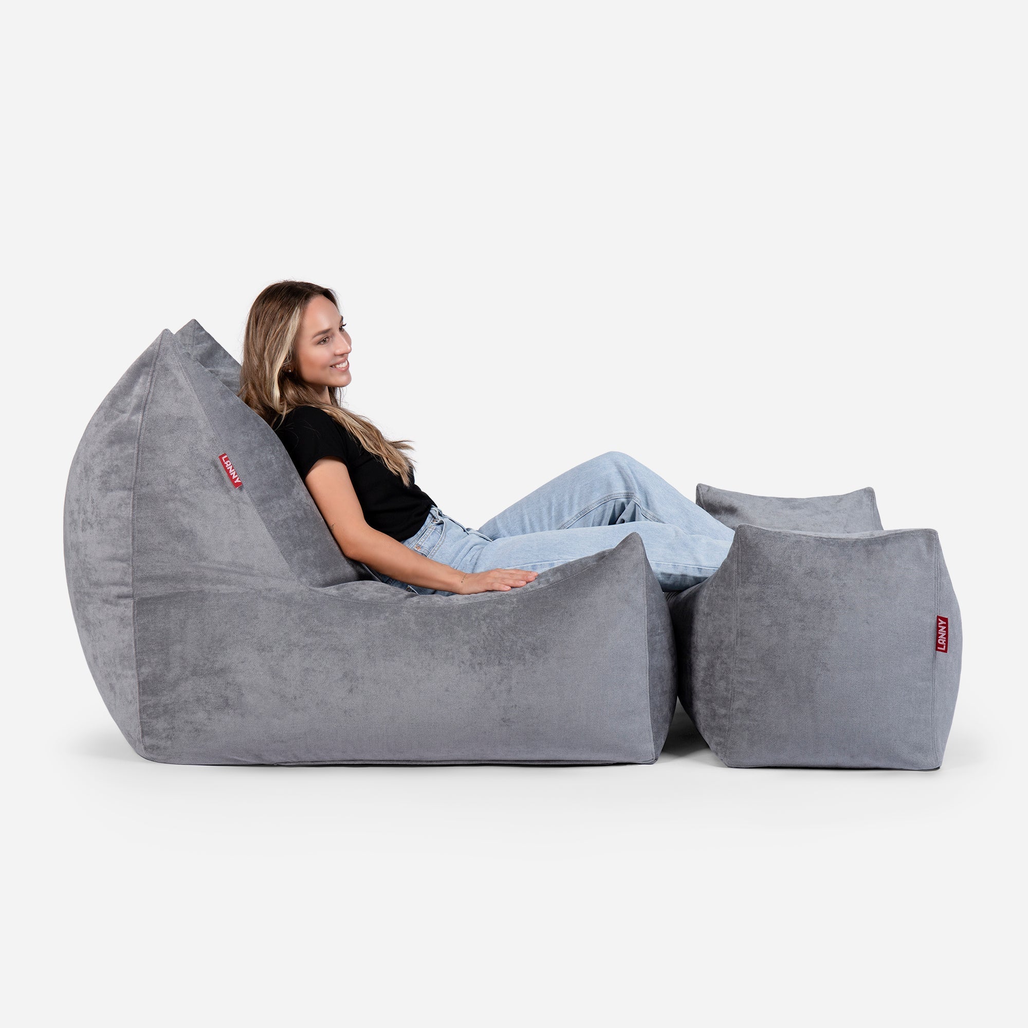 Quadro Aldo Gray Bean bag Chair & Footrest Set - Lanny Beanbag - Bean Bag Chairs