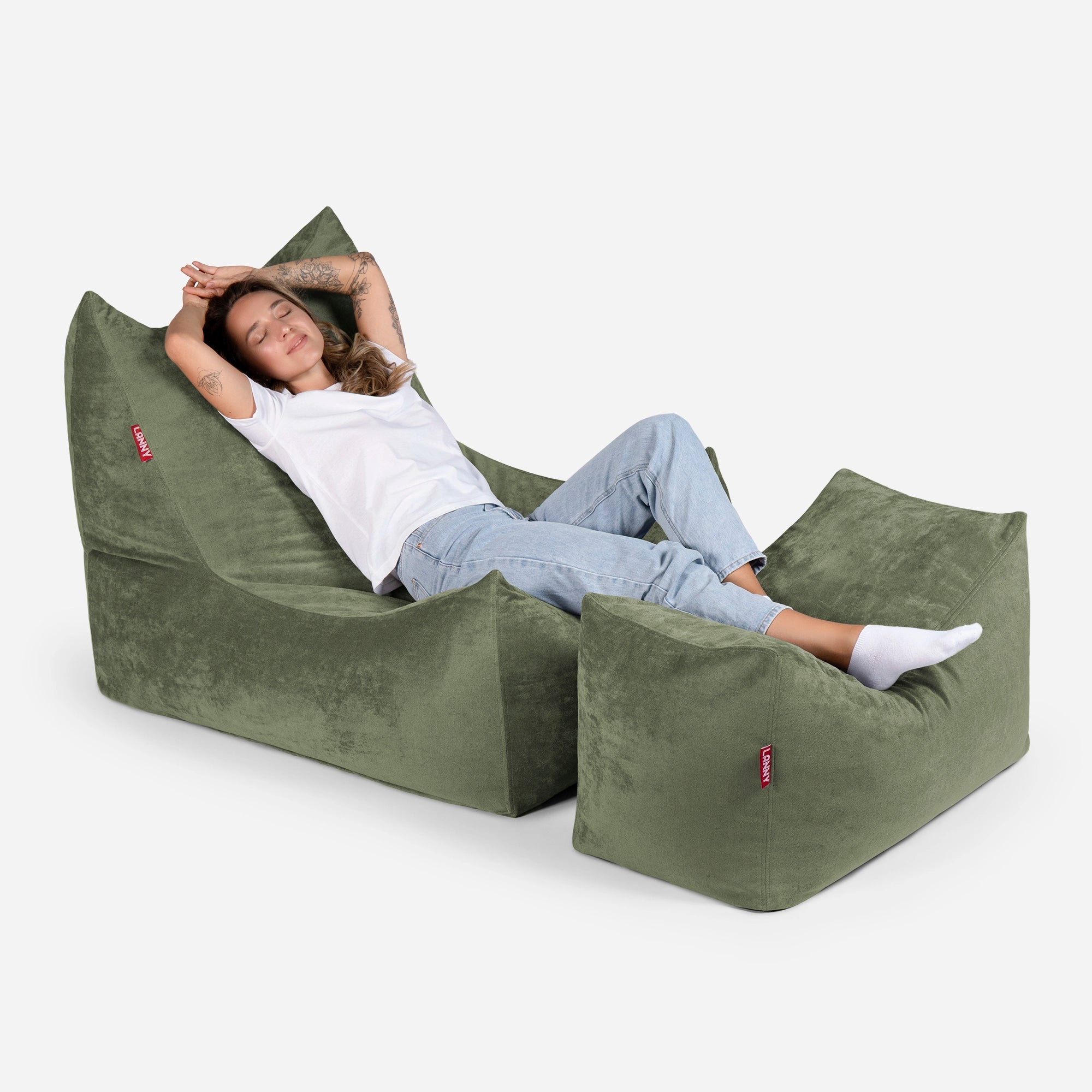 Quadro Aldo Khaki Bean bag Chair & Footrest Set - Lanny Beanbag - Bean Bag Chairs