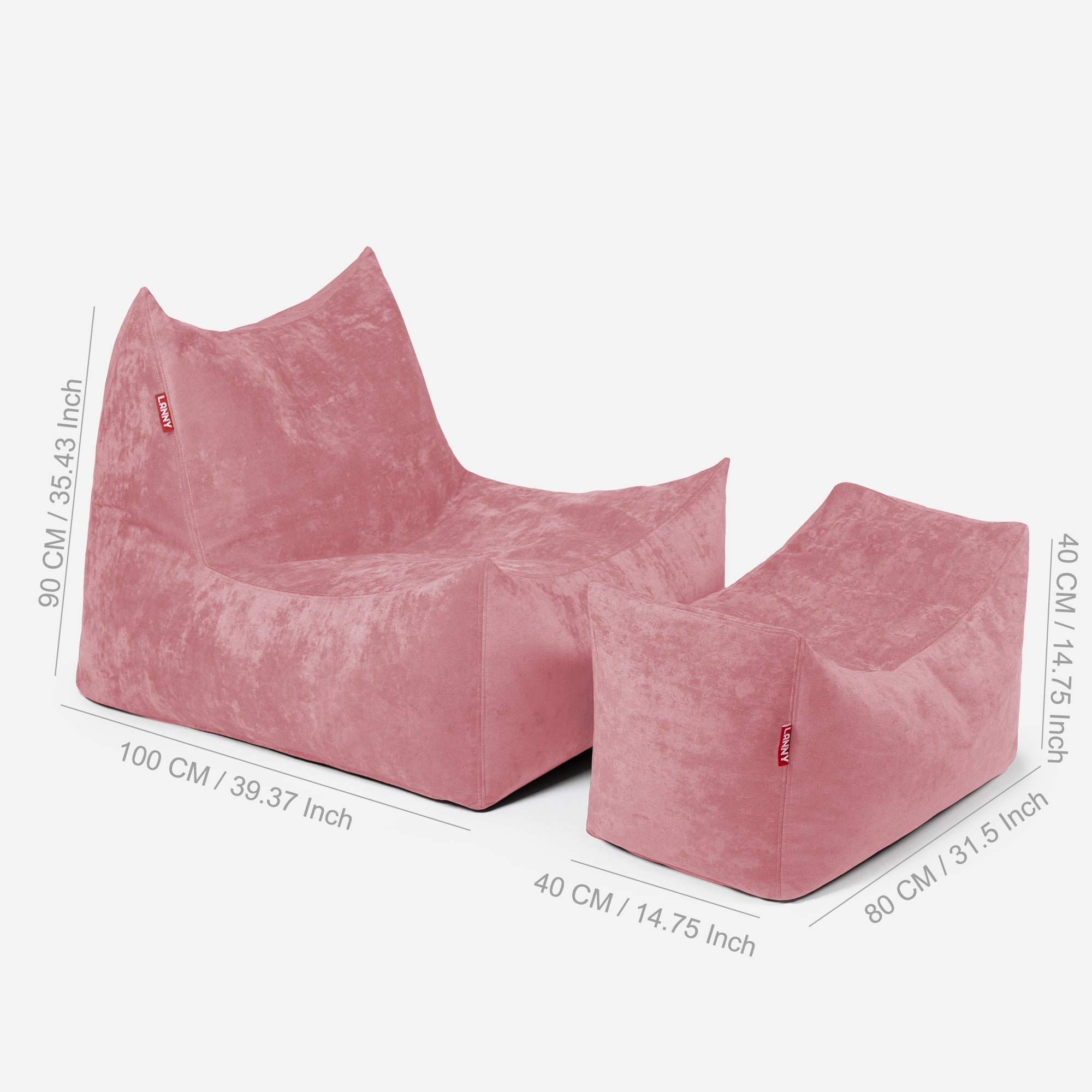 Quadro Aldo Pink Bean bag Chair & Footrest Set - Lanny Beanbag - Bean Bag Chairs