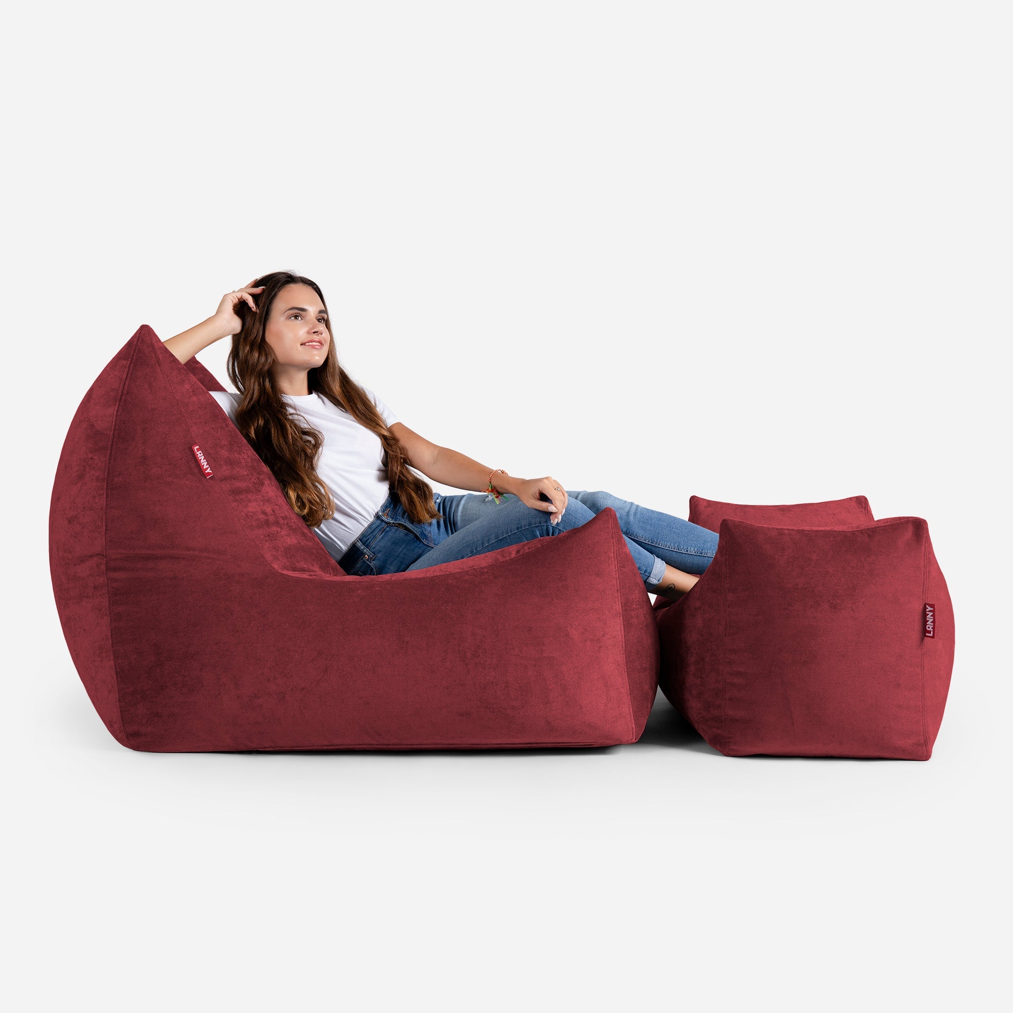 Quadro Aldo Red Bean bag Chair & Footrest Set - Lanny Beanbag - Bean Bag Chairs