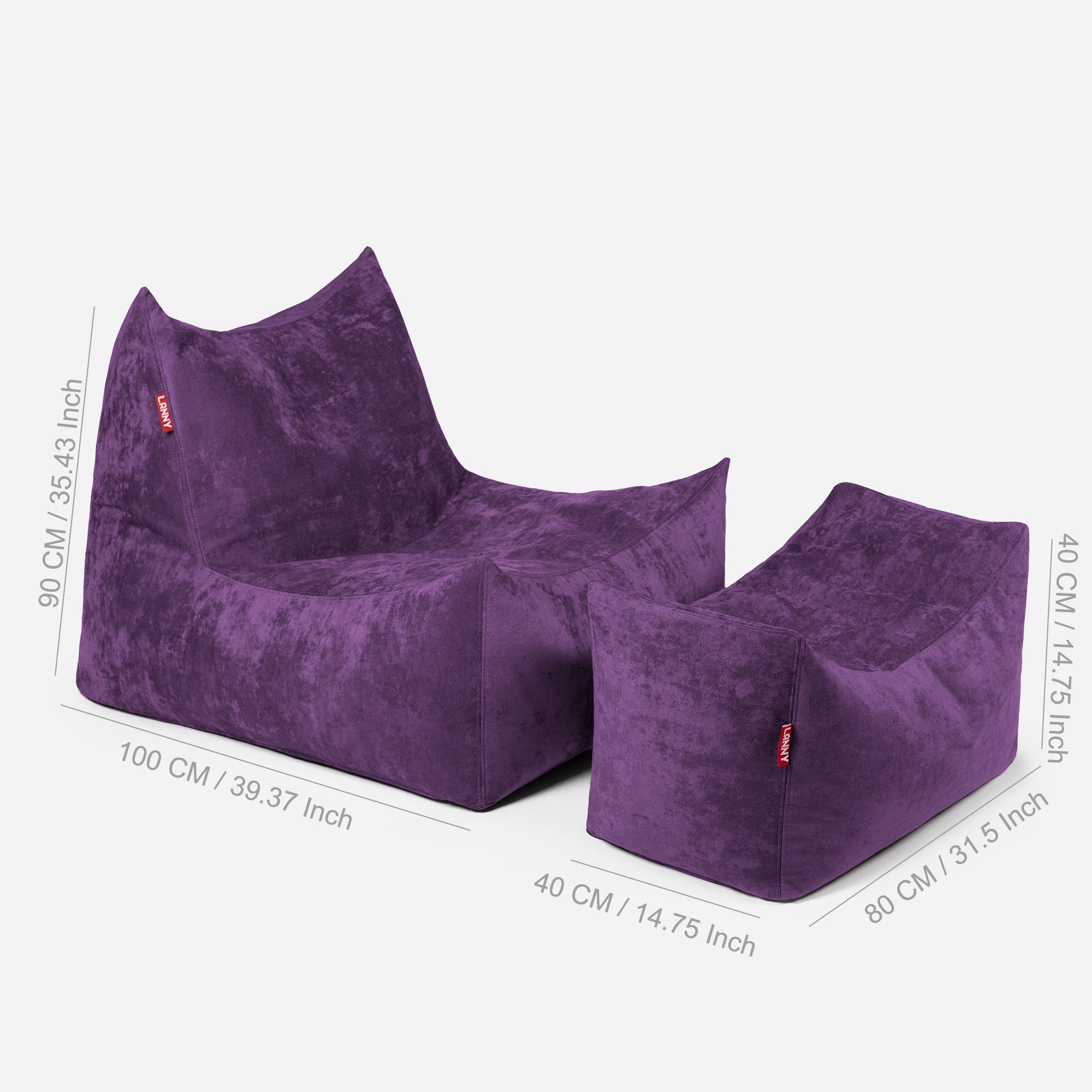 Quadro Aldo Violet Bean bag Chair & Footrest Set - Lanny Beanbag - Bean Bag Chairs