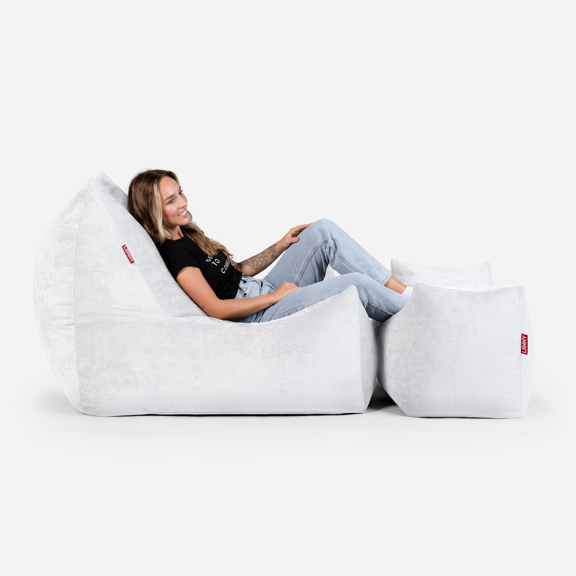 Quadro Aldo White Bean bag Chair & Footrest Set - Lanny Beanbag - Bean Bag Chairs