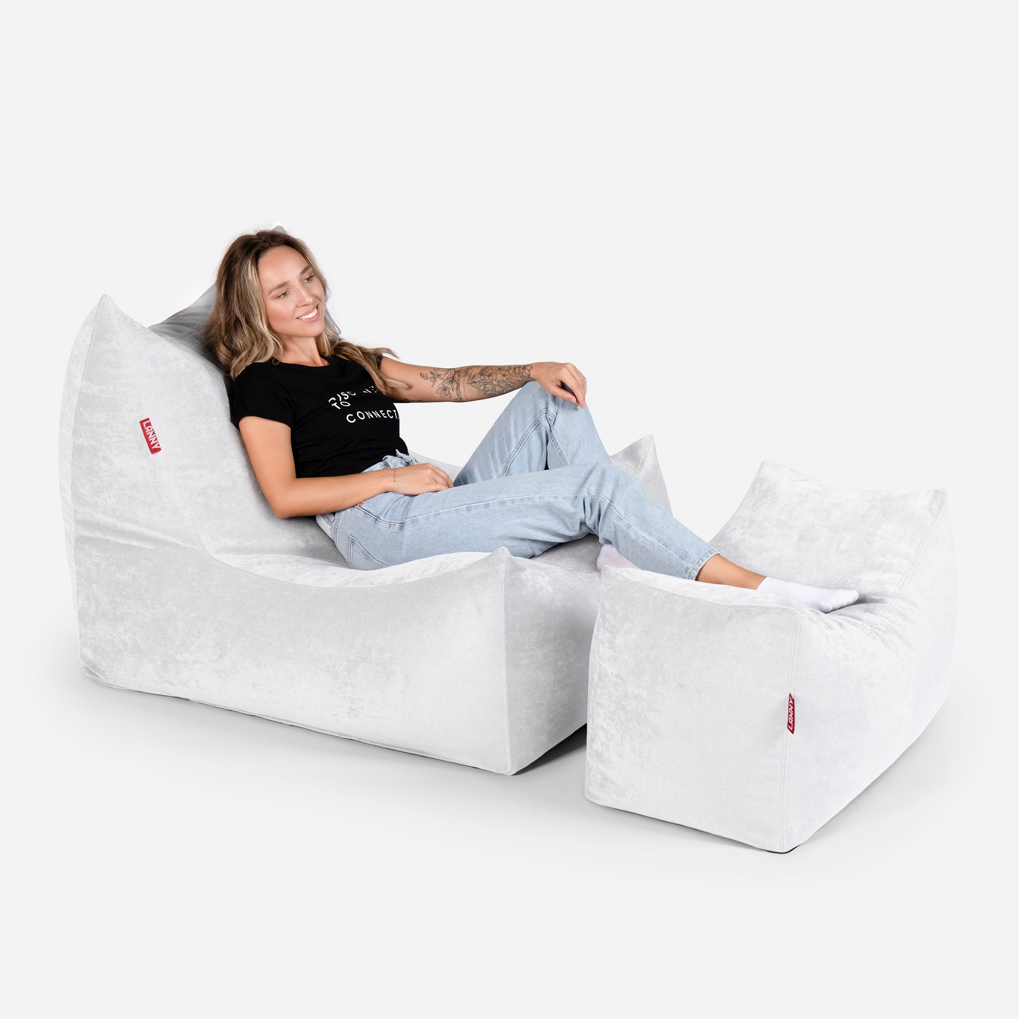 Quadro Aldo White Bean bag Chair & Footrest Set - Lanny Beanbag - Bean Bag Chairs