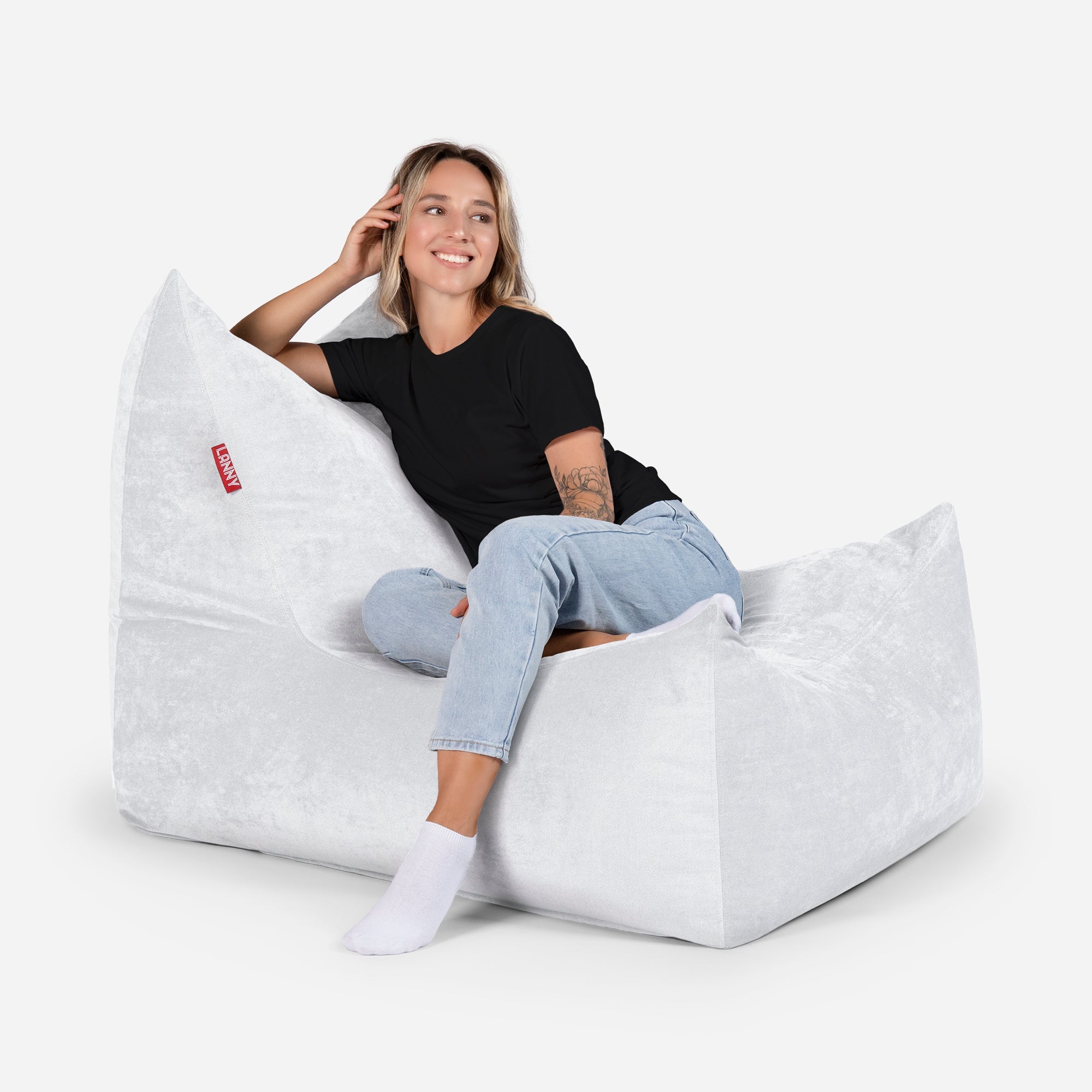 Quadro Aldo White Bean bag Chair & Footrest Set - Lanny Beanbag - Bean Bag Chairs