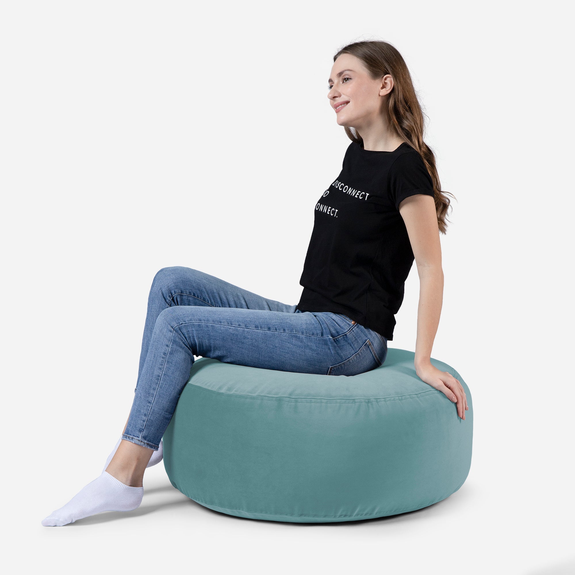 Short Velvet Turquoise Pouf - Lanny Beanbag - Ottomans