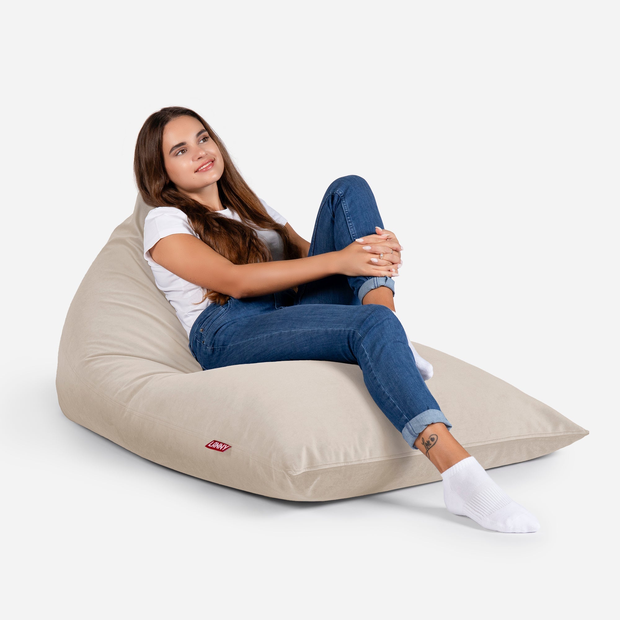 Slim Velvet Beige Bean bag - Lanny Beanbag - Bean Bag Chairs
