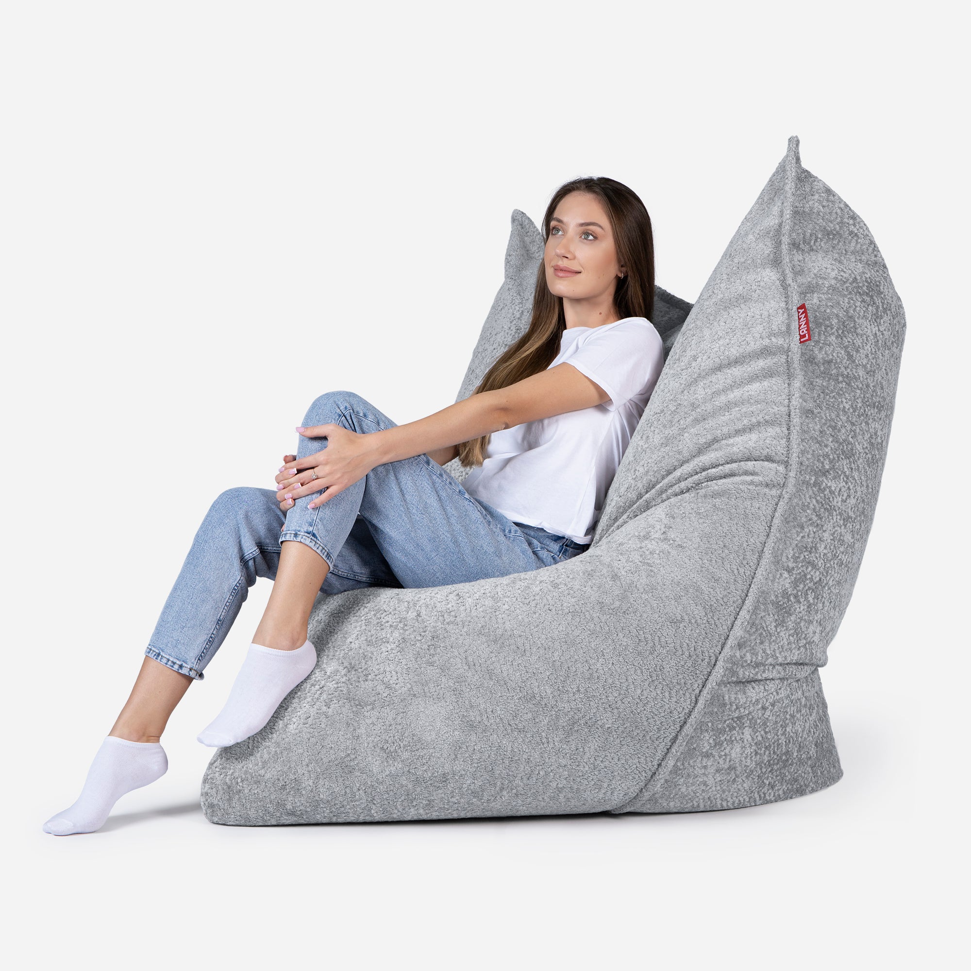 Beanbag Sloppy design fluffy fabric Gray color  with girl seating on it 