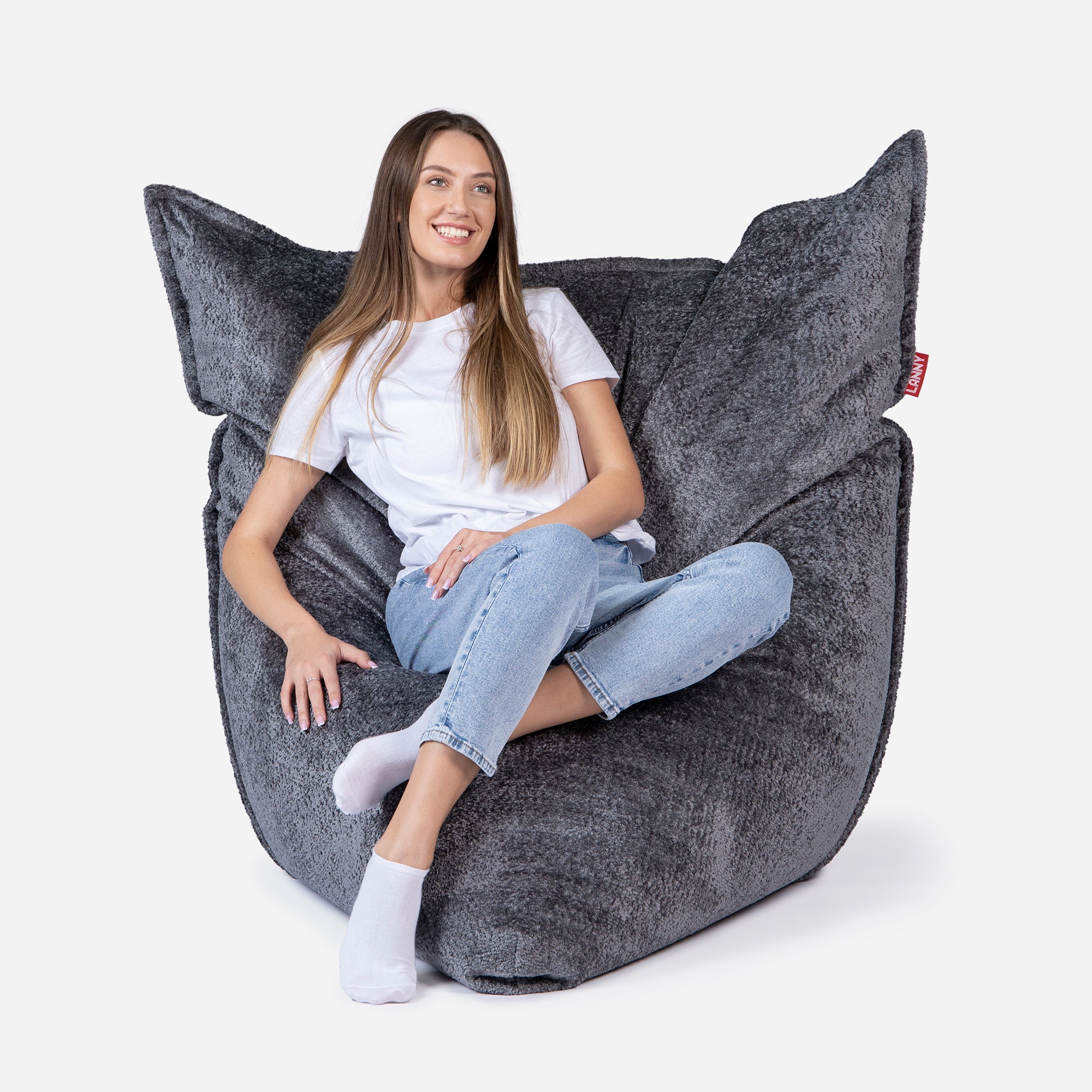 Beanbag Sloppy design fluffy fabric Dark Gray color  with girl seating on it 