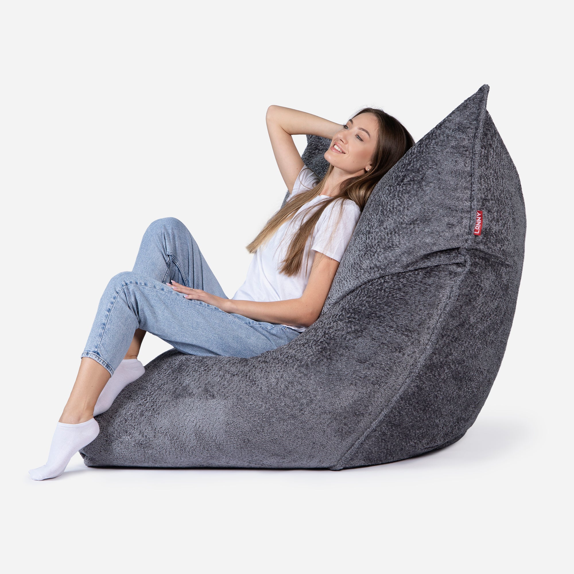 Beanbag Sloppy design fluffy fabric Dark Gray color with girl seating on it