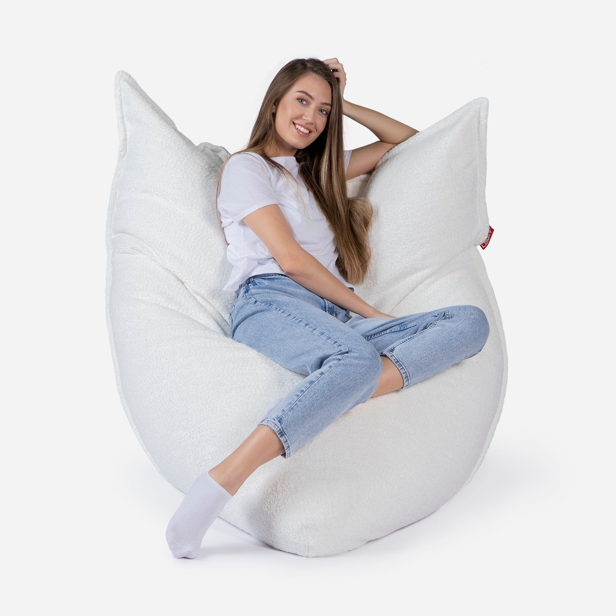 Beanbag Sloppy design fluffy fabric White color  with girl seating on it 