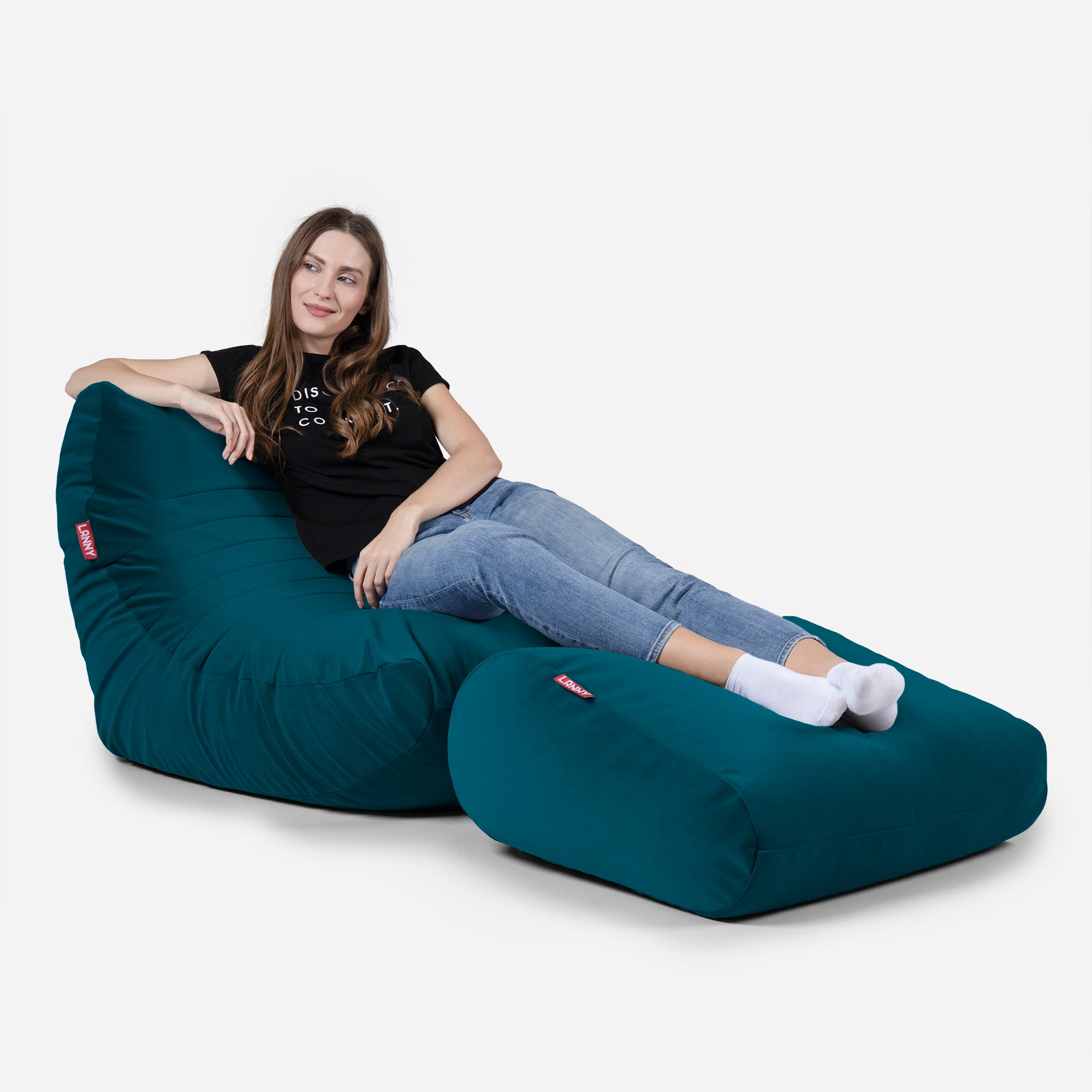 Beanbag Curvy Design aqua color with girl seating on it