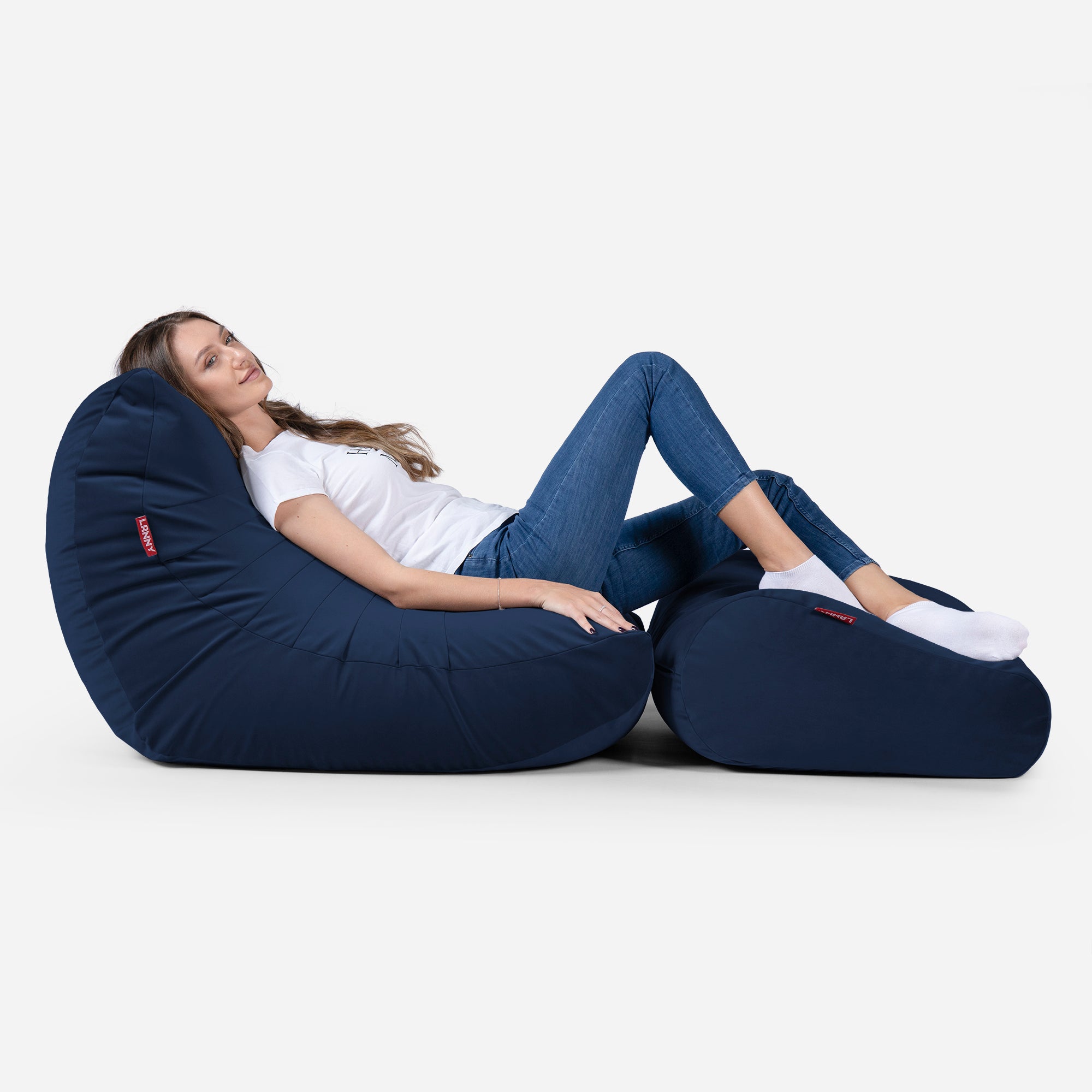Beanbag Curvy Design Blue color with girl seating on it