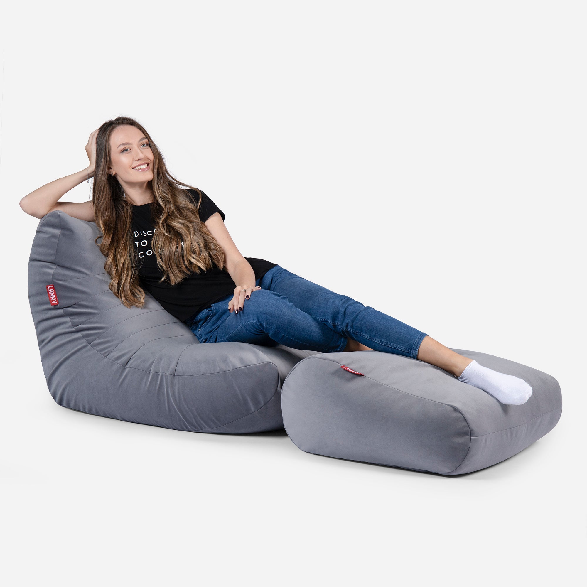 Beanbag Curvy Design Gray color with girl seating on it