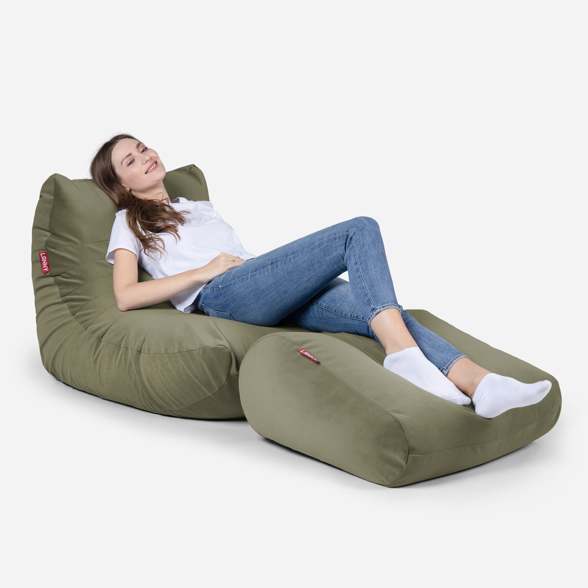Beanbag Curvy Design Khaki color with girl seating on it