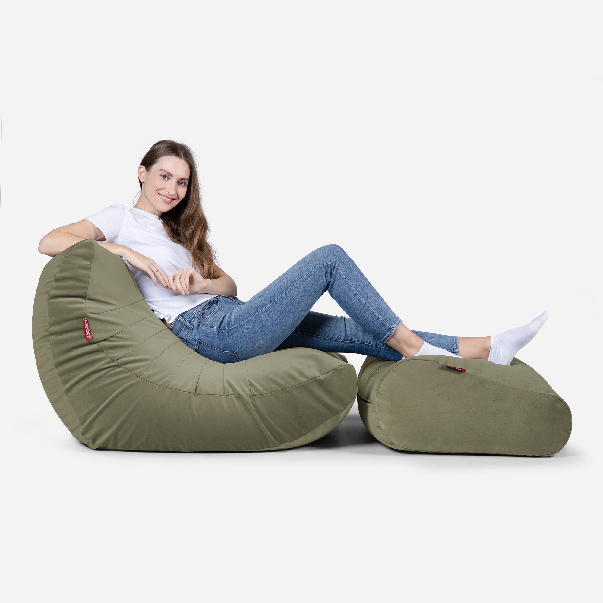 Beanbag Curvy Design Khaki color with girl seating on it