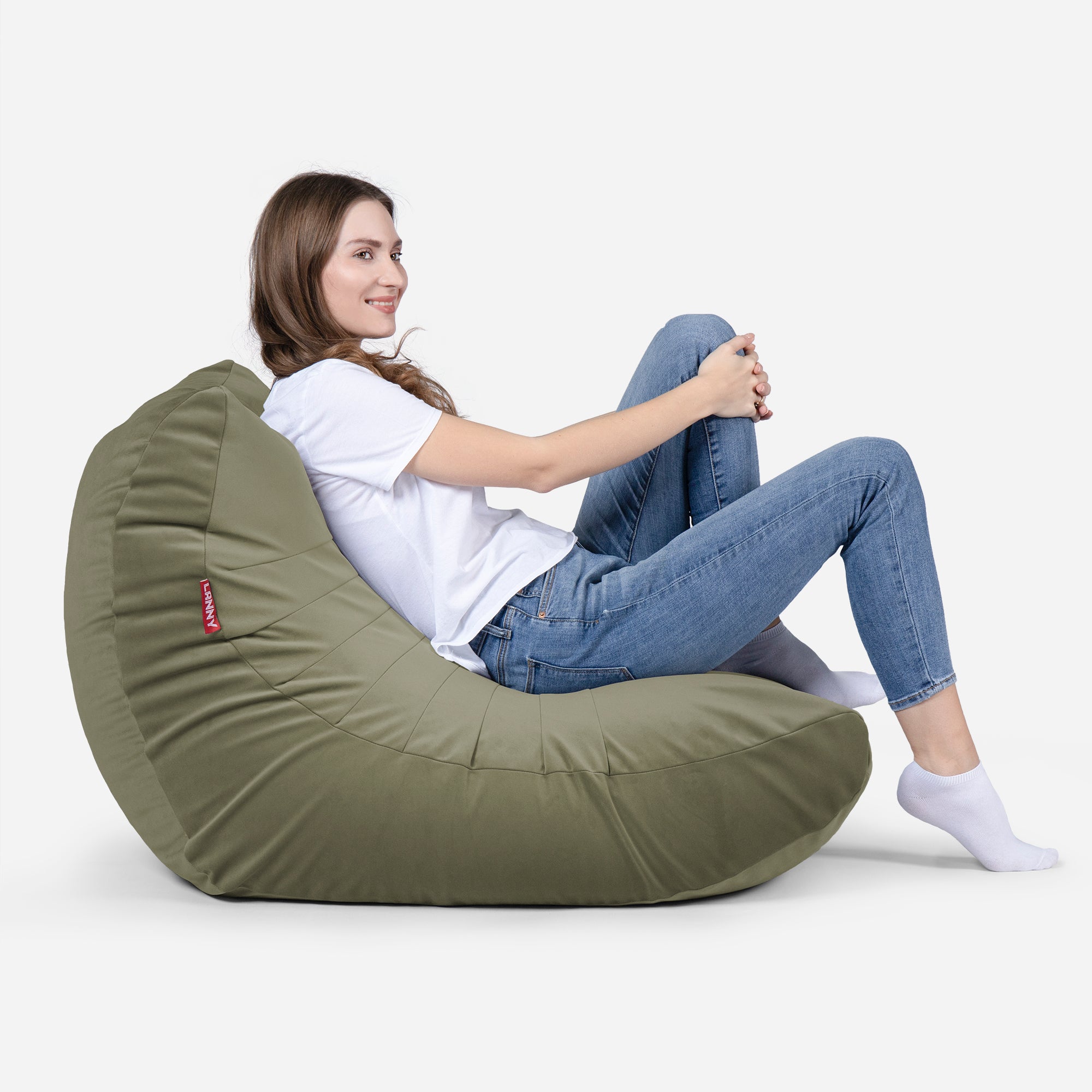 Beanbag Curvy Design Khaki color with girl seating on it