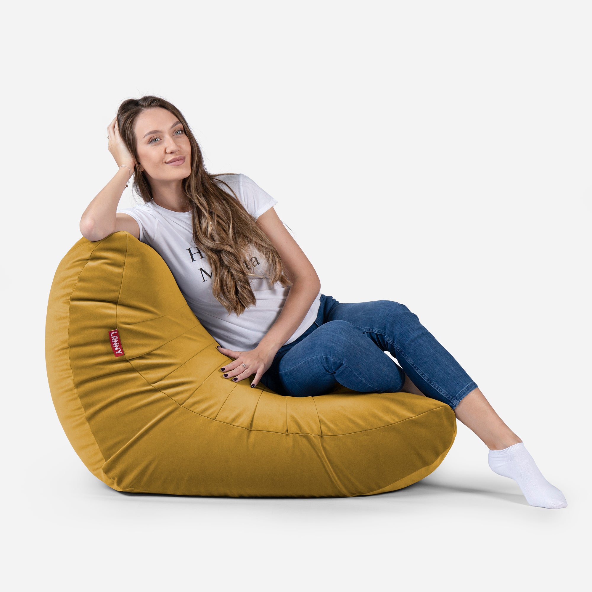 Beanbag Curvy Design Mustard color with girl seating on it